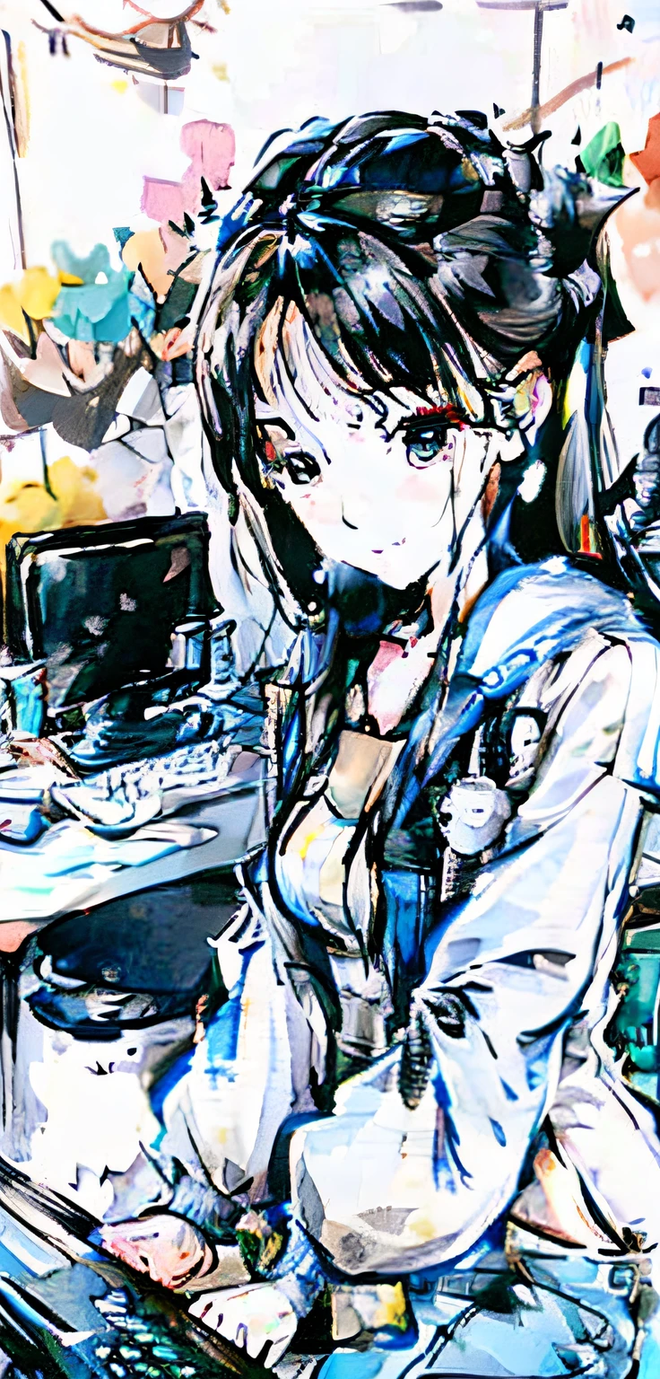 The woman sits in a chair,There is a computer and a mouse, in front of a computer, sitting in front of the computer, mai anh tran, profile picture 1024px, sitting in front of the computer, dang my linh, sitting at a computer desk, working in her laptop computer, Asian female, professional profile picture, An Asian woman