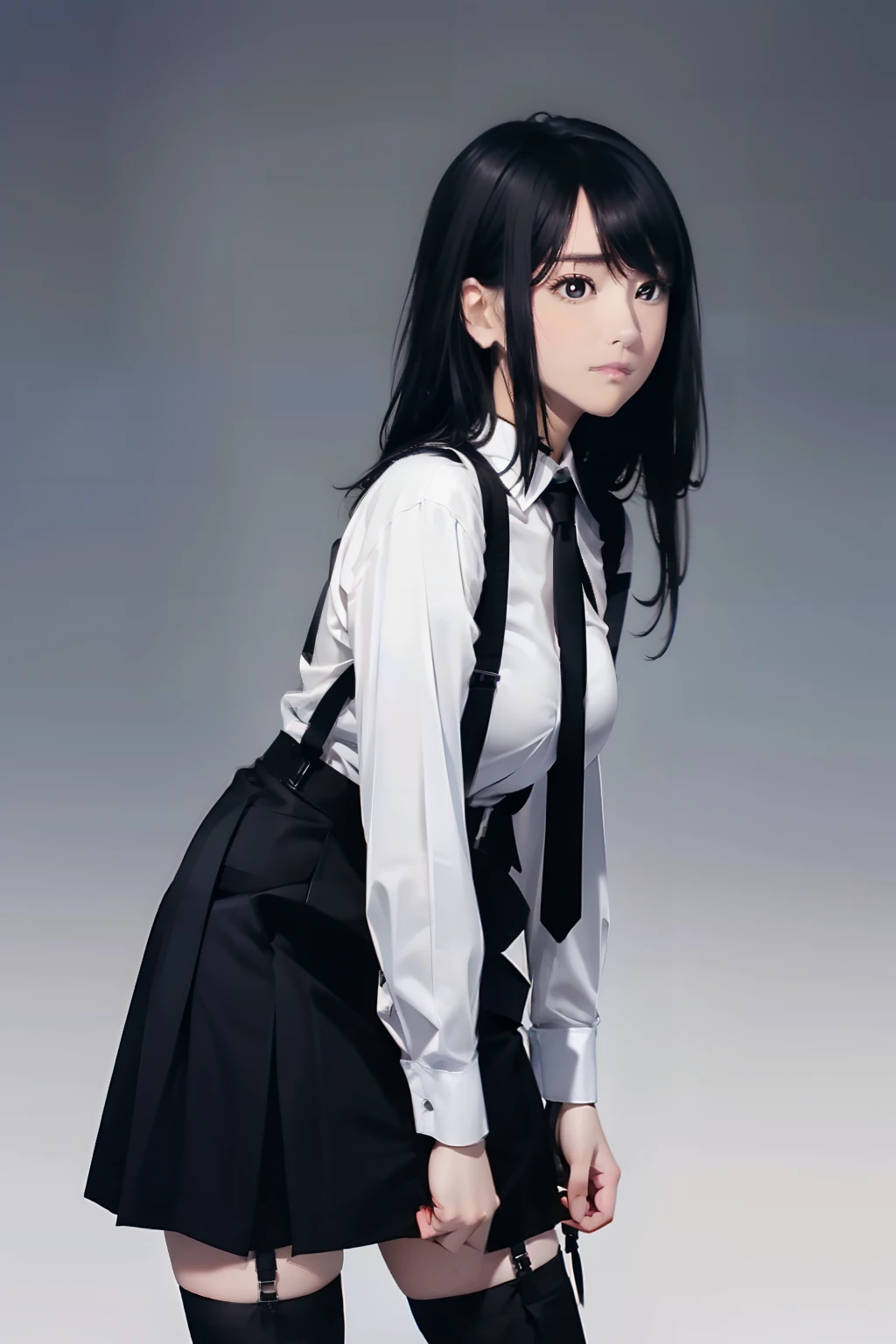 a black skirt, neck tie, Cutter shirt suspenders, Long Black Hair, Gray eyes, holster, Garter belt on the legs, , Big breasts, Pichi Pichi clothes, both sides deadpan Behind