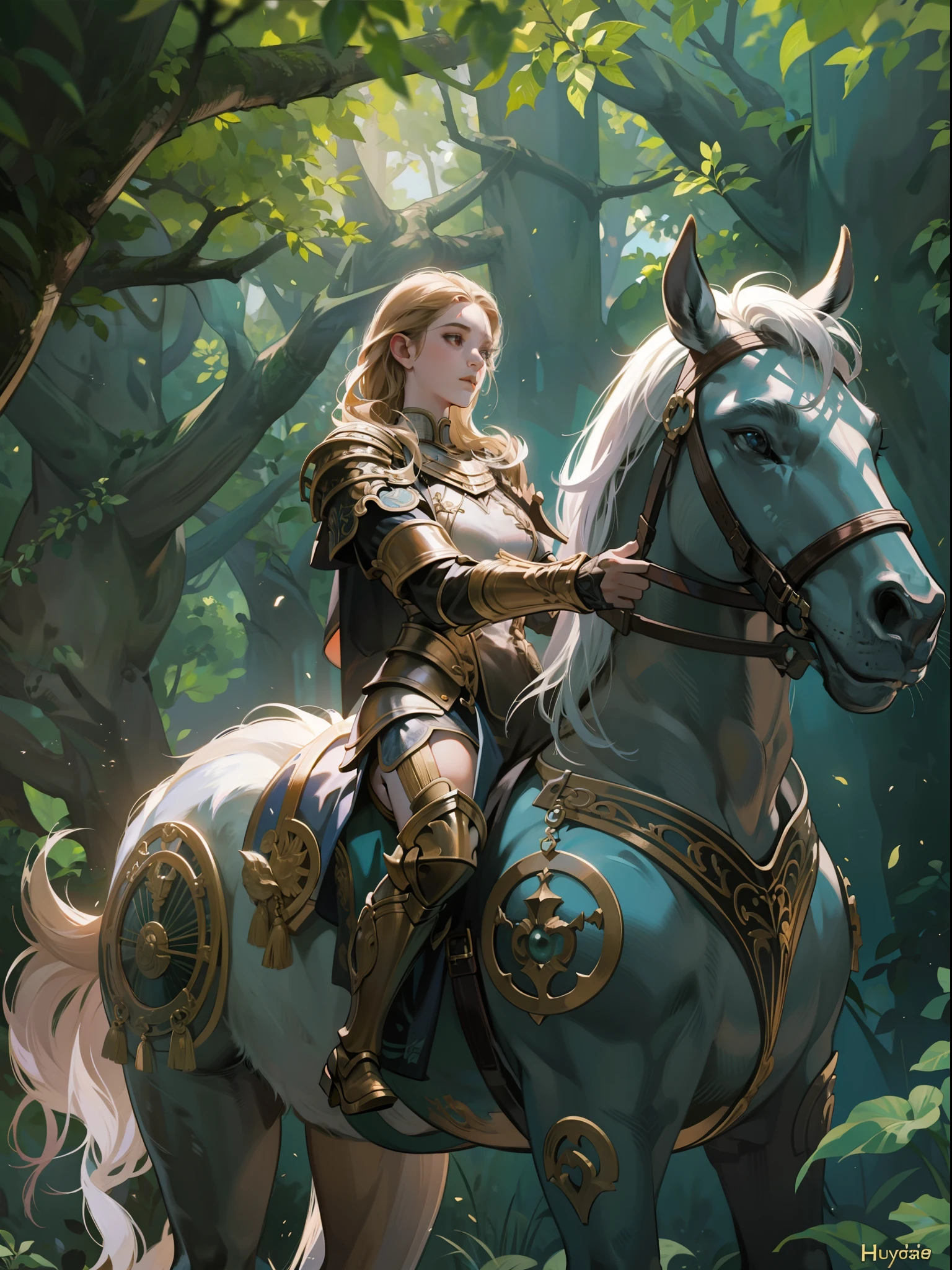 Female centaur knight, Comic style, Translucent skin, subsurfacescattering, ornate detail, Nature background, Hyper-realistic, Cinematic, Dramatic lighting, Masterpiece