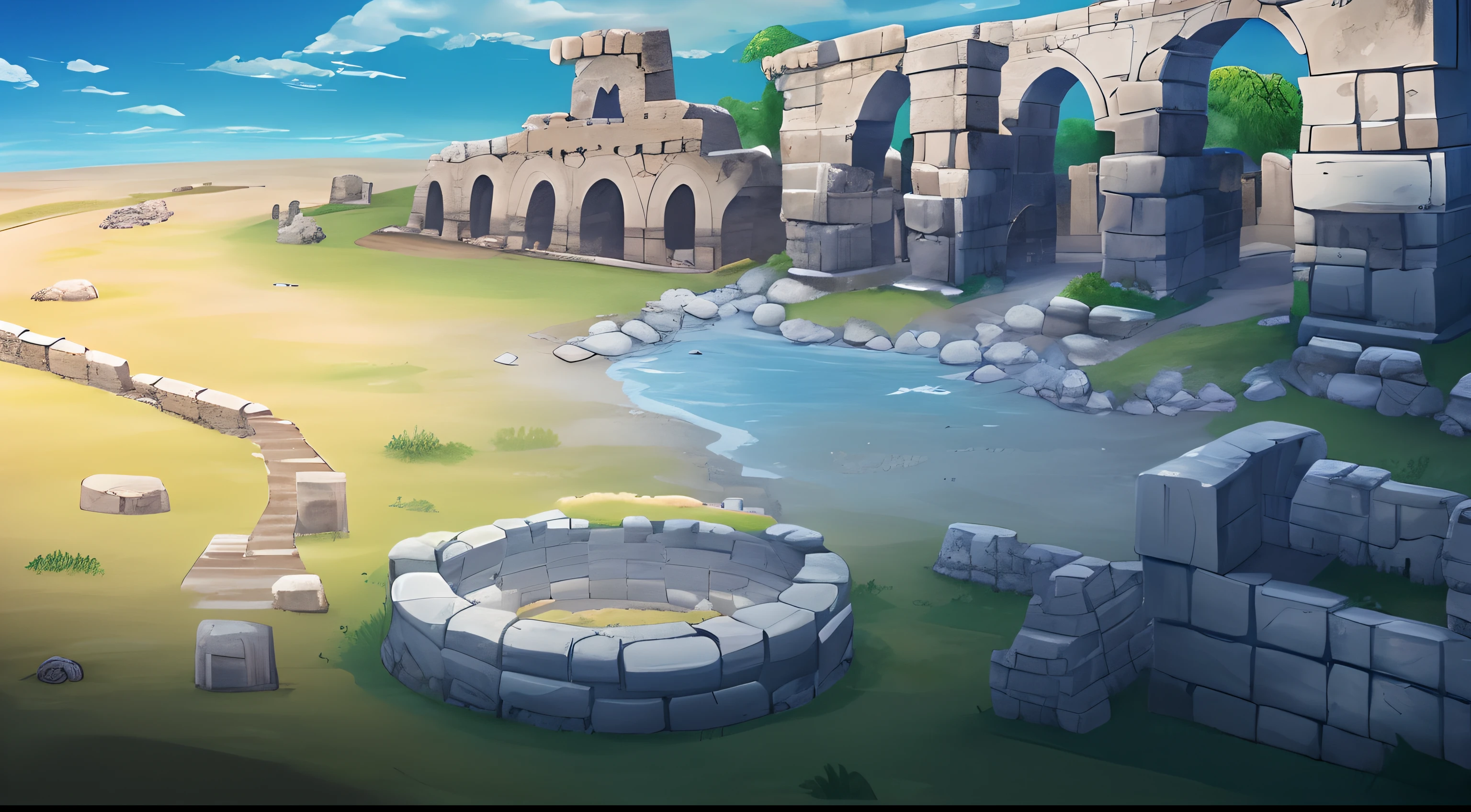 There is a cartoon picture of a stone arch stone road, ancient ruins background, odin's stone arena background, arena background, city ruins background, background is the ruins, ruins landscape, arte de fundo, Mobile game background, ruins on the background, background artwork, Ancient ruins, ancient ruins in the background, atlantis background, palace background, Temple background