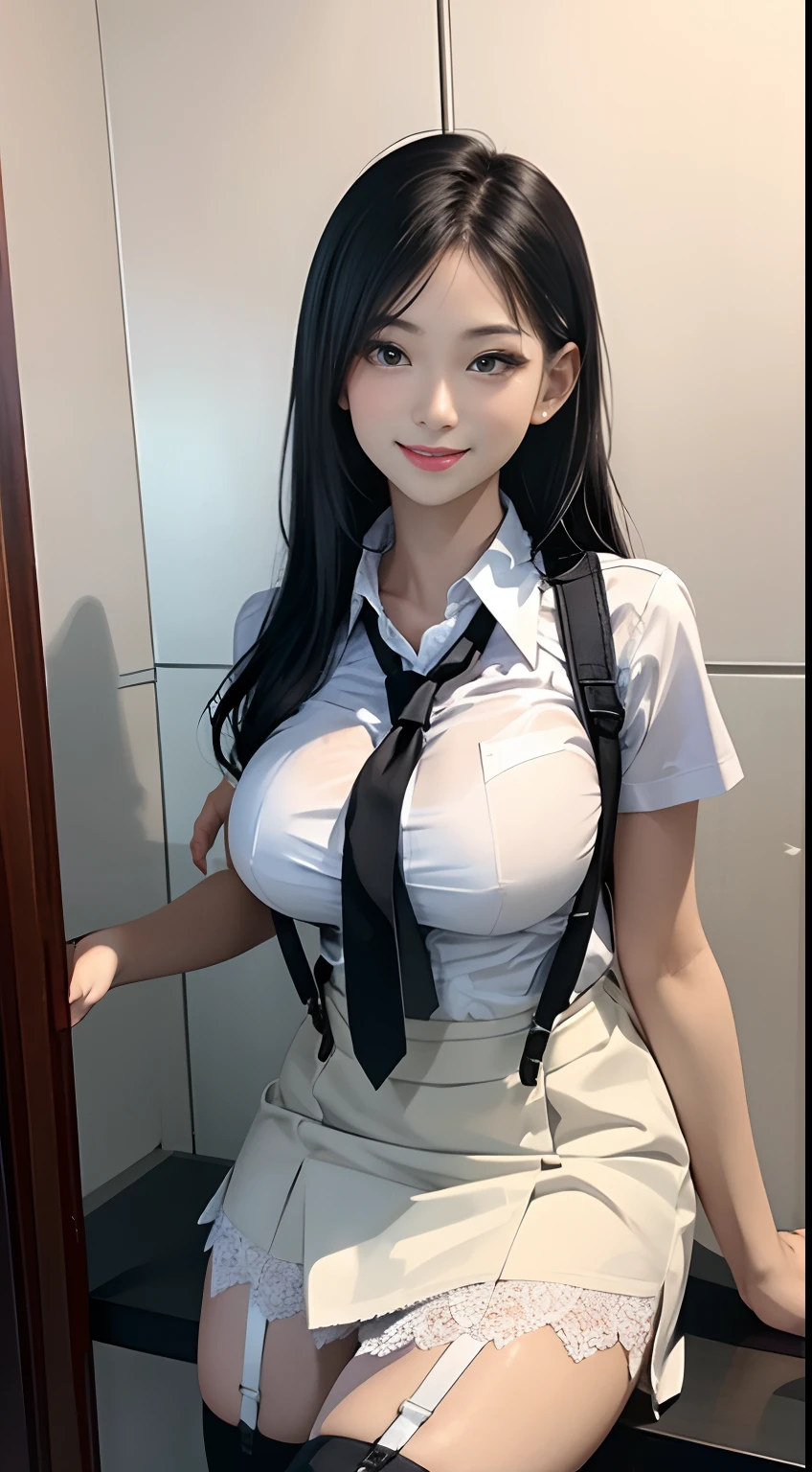 Short white lace skirt, Neck tie, Cut the shirt,Suspenders, Long black hair, Black eyes, Holster, leg-garter, , Big breasts, Smiling,Realistic beauty,Chinese beautiful woman,1girll,18yr old,