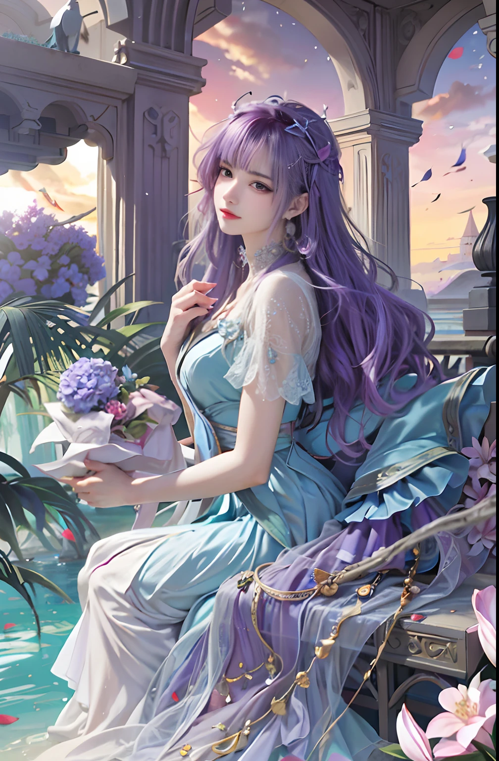 A woman with purple hair sits on a bench next to a body of water, ((a beautiful fantasy empress)), a beautiful fantasy empress, Fantasy art style, beautiful and seductive anime woman, a beautiful anime portrait, Beautiful anime style, beautiful fantasy anime, 8K high quality detailed art, Palace ， A girl in Hanfu, in the art style of bowater