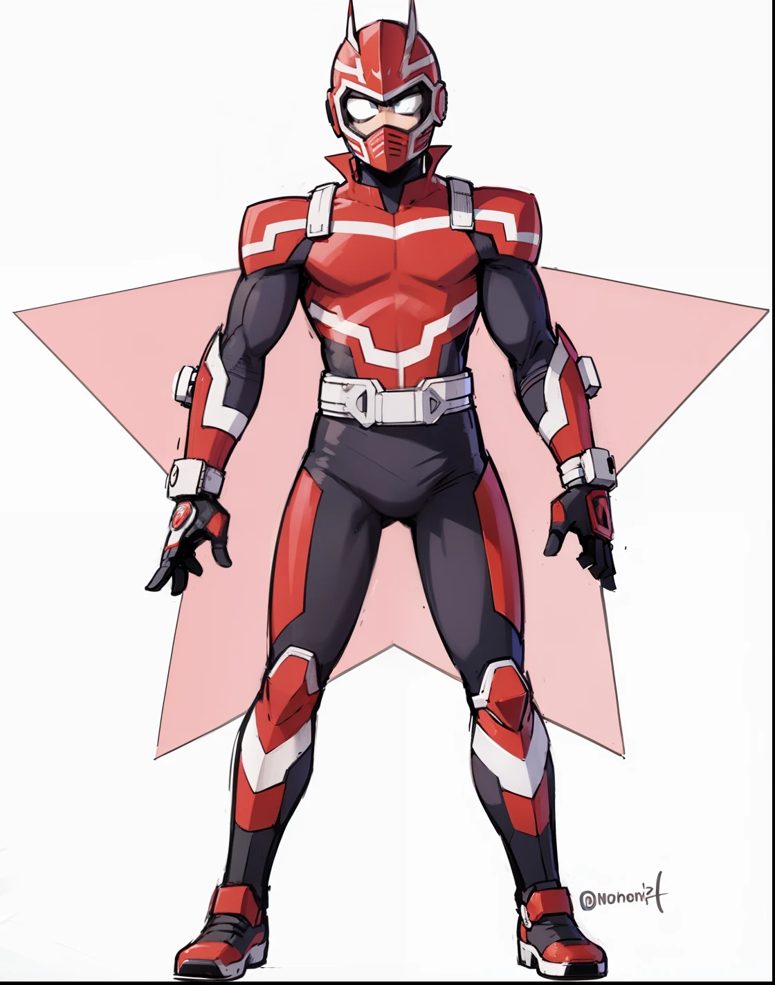 My Hero Academia style, anime boy, male, young male, trending on artstation pixiv, (full body shot:0.5), head covering, helmet, face covering, mask, hero suit, full body suit, red suit, Perfect anatomy, Super Detailed,