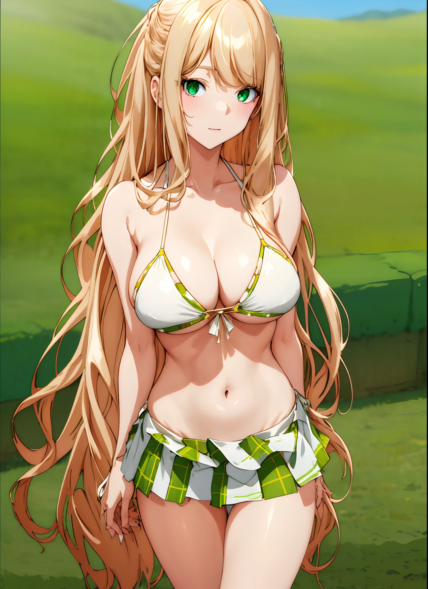 beige hair, green eyes, long hair, GIRL, (Masterpiece: 1.1), (Best Quality: 1.1), Upper Body Bikini, (White Bikini: 1.1), (Plaid Skirt: 1.1), High Waist Skirt, Blake [Green Grass: Pink, :0.5] Themed, (Urban Background: 1.1), Denim Lenses, Blake Silver, Long, Green Eye, Landscape,