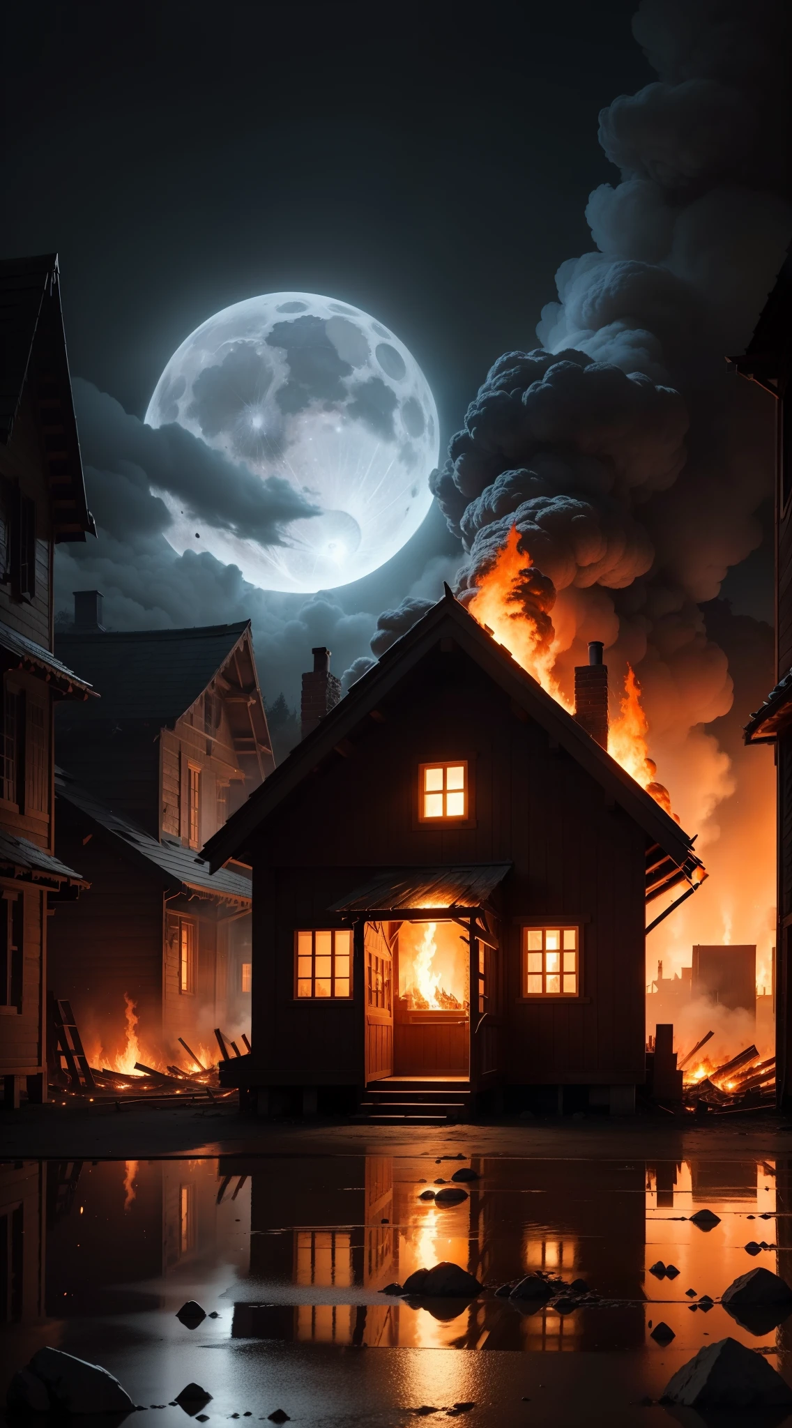 a small wooden house that is on fire, its burning, there is a lot of fire and flames, flames are coming out of the broken windows, it's night time, dark, fog, full moon,1600s