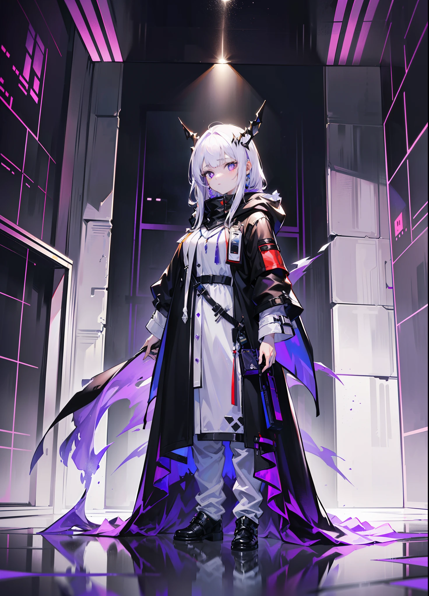 (tmasterpiece,best qualtiy,style of anime,a sense of atmosphere,higher details,cg render,Standing painting,Ray traching,From Arknights,sci-fy)(whaite hair,long white hair,Purple pupils,White hooded cape,Cover the whole body,Non-juveniles)(The background is a huge purple space)(There are purple crystals around)