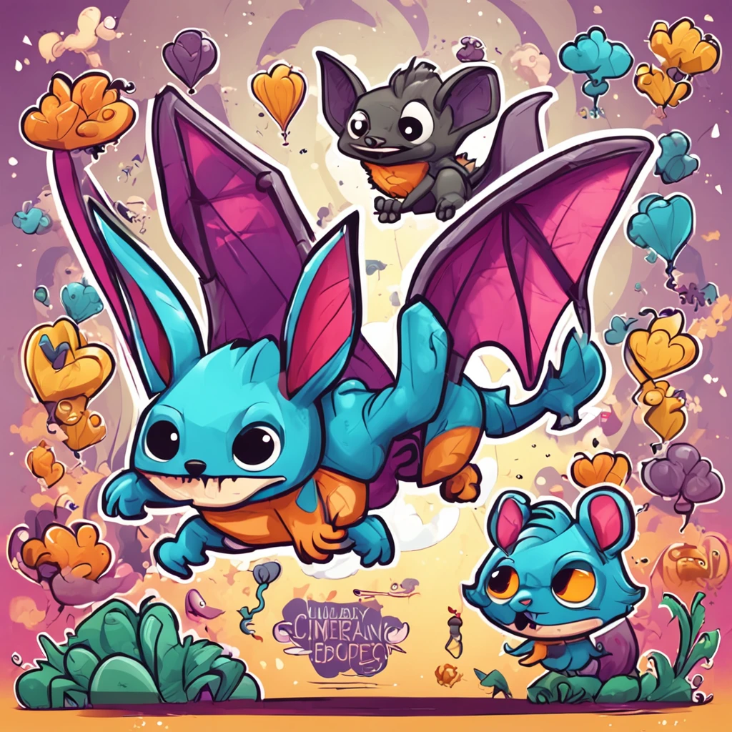 Two-dimensional cartoon game cute bat, colorido, estilo cartoon, Vibrant and dynamic backgrounds, personaje principal amigable y adorable, with expressive facial expression and attractive details.