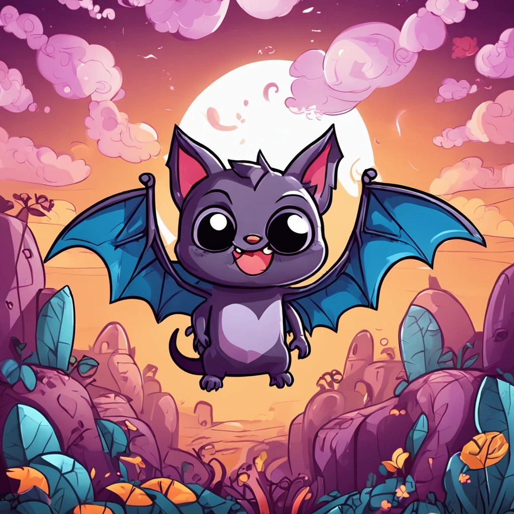 Two-dimensional cartoon game cute bat, colorido, estilo cartoon, Vibrant and dynamic backgrounds, personaje principal amigable y adorable, with expressive facial expression and attractive details.