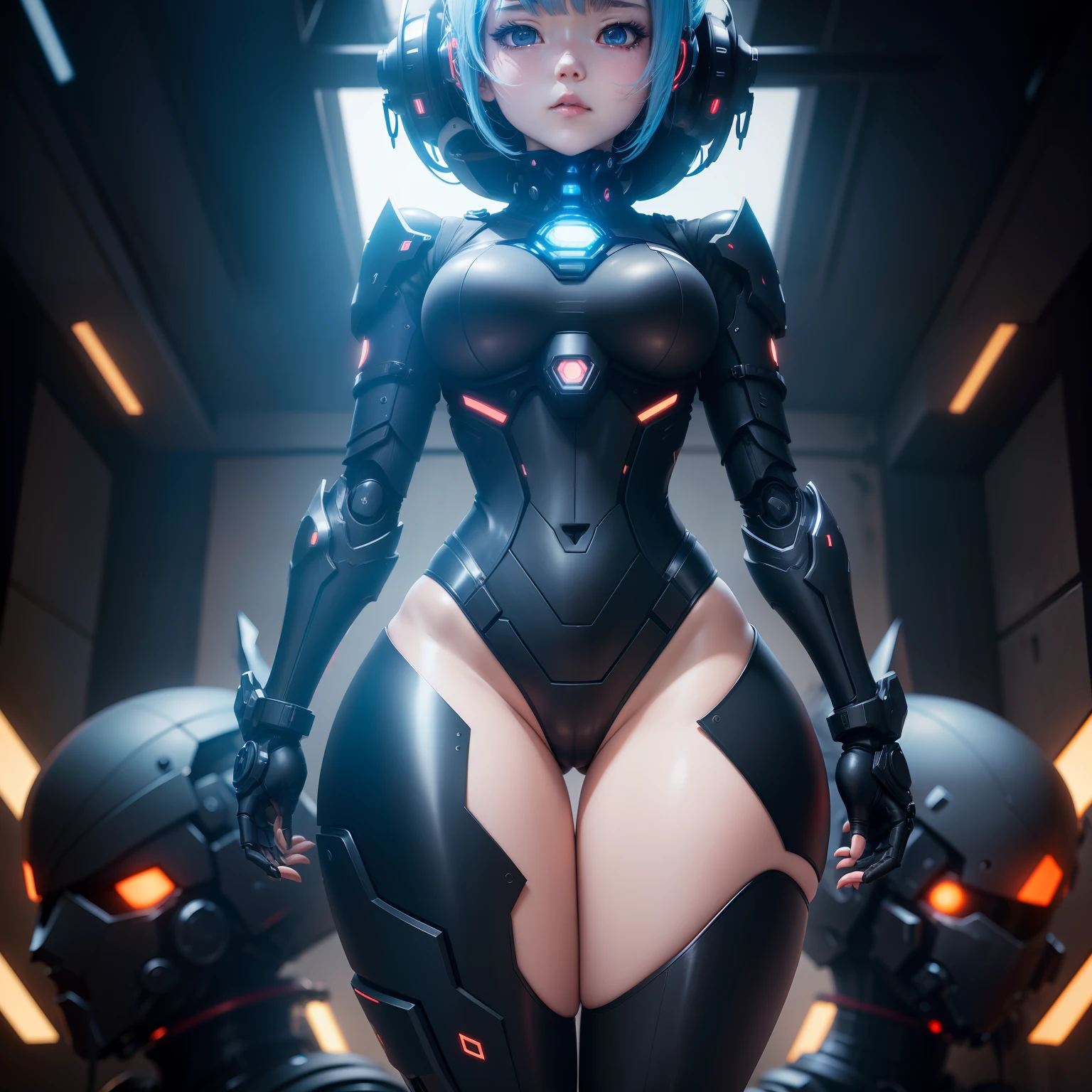 Anime characters standing in dark room with black background, 2b, 2 b, Biomechanical OPPAI, an oppai cyberpunk, Rem Rezero, Loli, gynoid body, SFW version, thicc, thick smooth warframe thighs, small curvaceous loli, frostbite 3 rendered,  poses, the anime girl is crouching