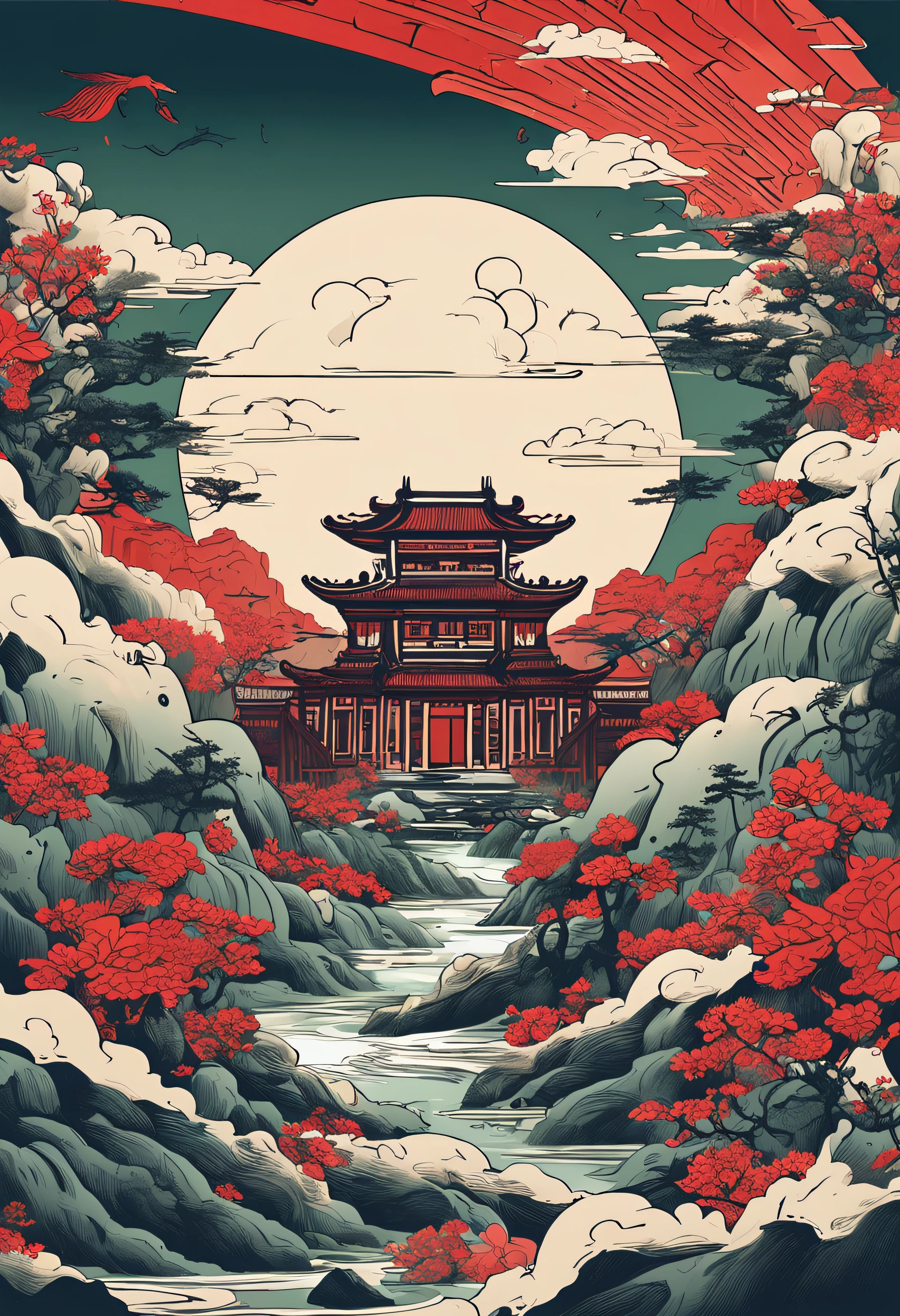 Mountains and rivers,The red sun shines,The mysterious Mountain and Sea Lark Scroll,The mythical beasts of ancient mythology all appeared,Xuanwu、Suzaku、the white tiger、Green Dragon、Shirasawa、Kunpeng、Golden Crow、Bi Fang、chaos、gourmand、Poor odd、Unicorn,It makes up an epic picture,The shadows outline the mysterious atmosphere of the national style。