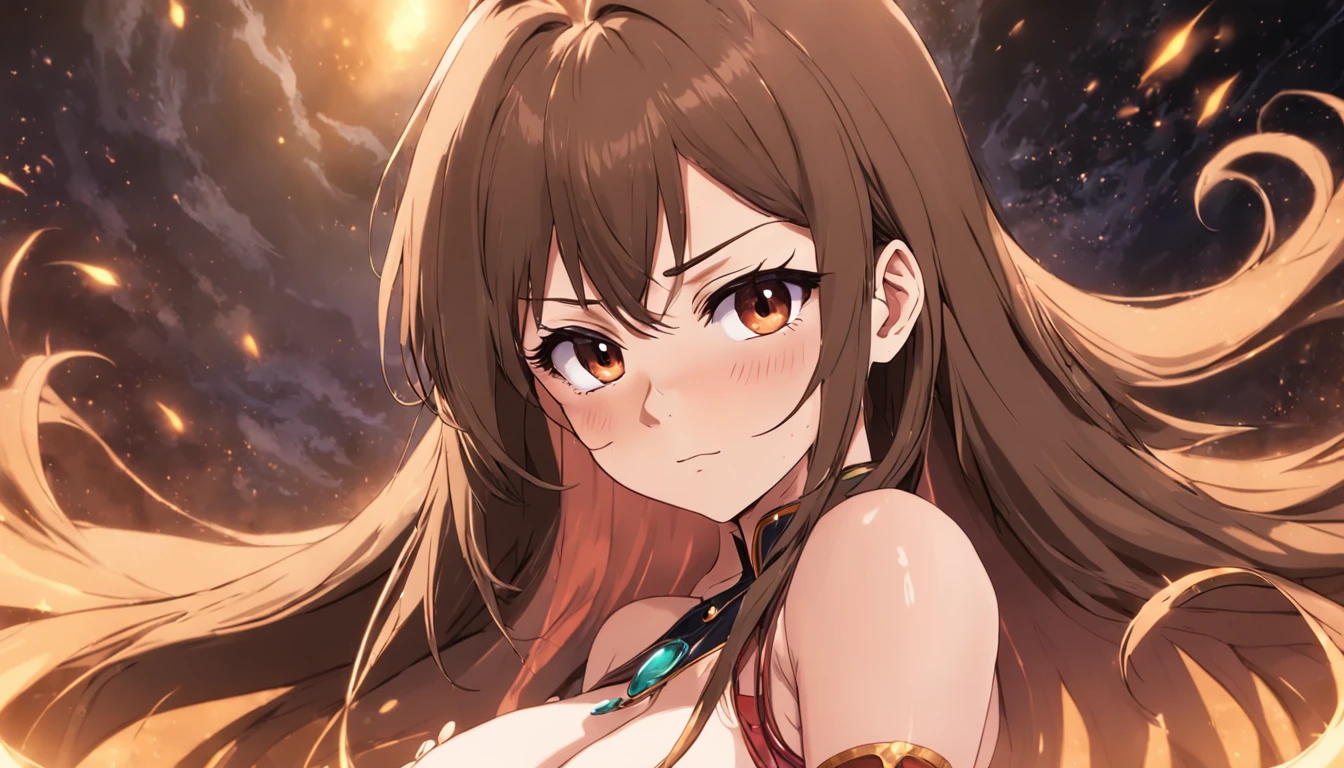 Gorgeous busty woman, 24 years old, brown long hair, smug face. Highly detailed, anime.