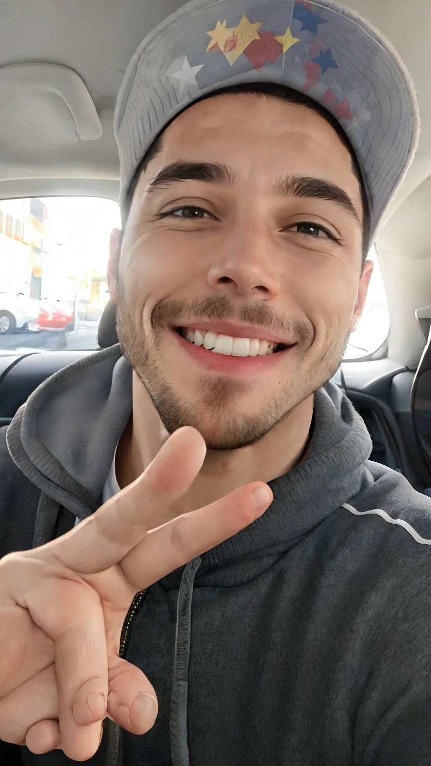 Man in a car making a peace sign with his hand, foto de perfil headshot, taken in the early 2020s, feliz com a boca aberta, circunstanciado!, sorriso insano, sorriso perfeito, Dentes perfeitos, sorriso muito grande, bonito e sorridente, Pete Davidson, Very detailed!, sorrindo e olhando diretamente, Macho sorridente, holding it out to the camera