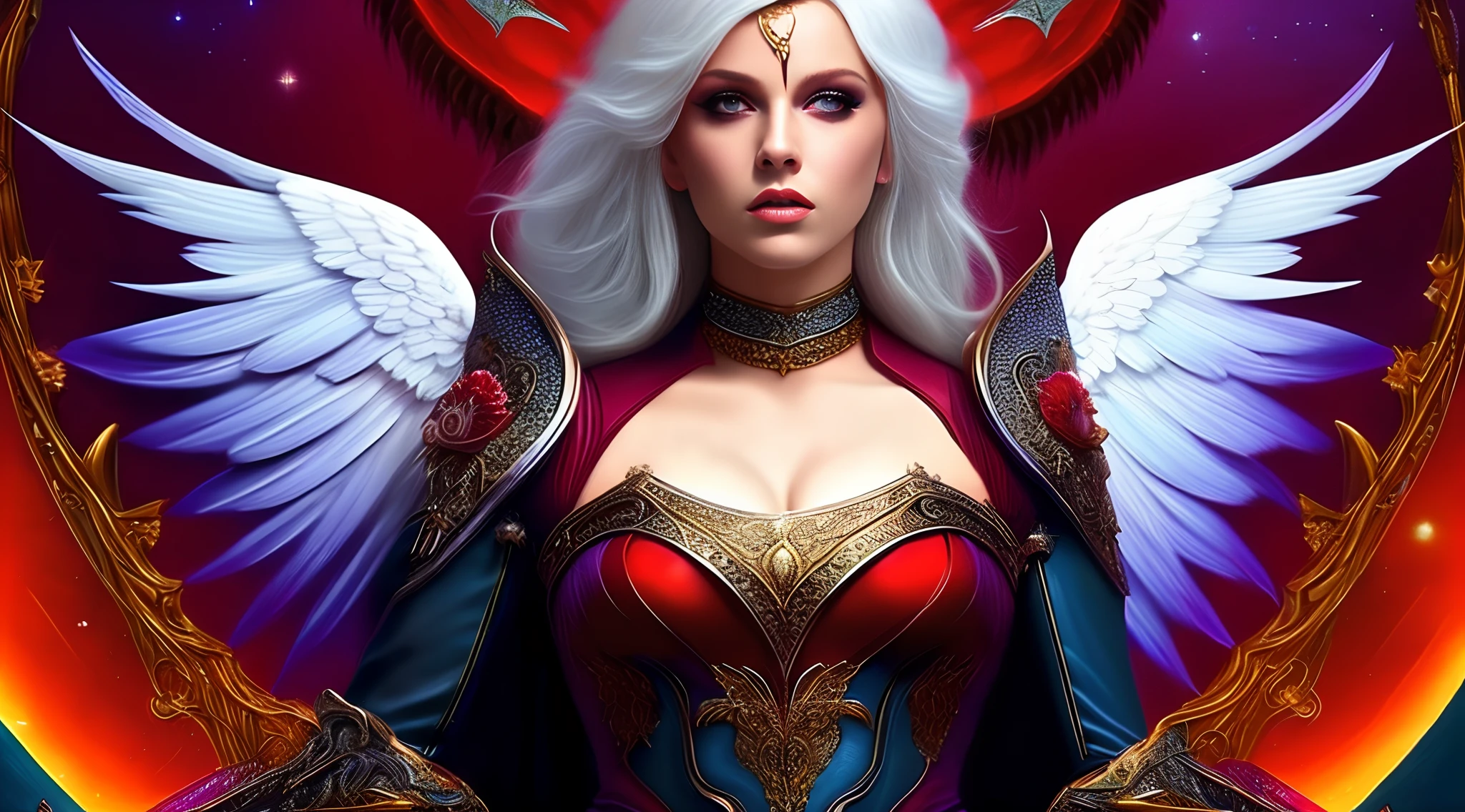 "Behold the crimson-metal red winged woman angel with white hair, piercing crimson eyes, and pale skin standing amidst the twilight. Every detail of this mythical creature has been captured in extreme quality, from the tattooed bodies to the ultra-detailed face, all rendered in ultra HD 8k digital art with unmatched precision and digitality. The dark lightning that surrounds this magnificent being adds to the sense of awe and wonder. This is not just any digital art portrait, but a concept art masterpiece by Greg Rutkowski, also known as artgerm, renowned for his hyperdetailed and intricately detailed gothic art style. The use of triadic colours adds to the fantastical and otherworldly nature of the piece, with intricate details that make it a true splash screen. The complementary colours and intricate details make this fantasy concept art a gothic