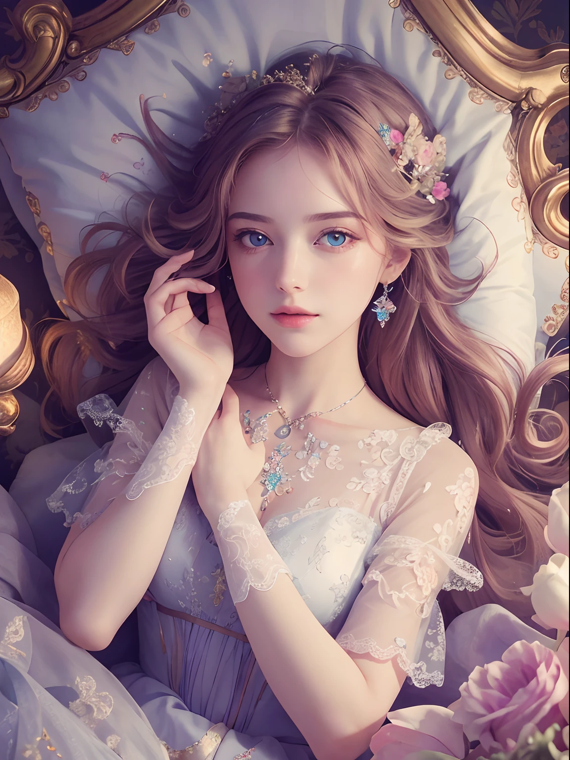(Masterpiece level,high qulity,real photograph),Complicated details,Fantastical Atmosphere,colorful composition,A pure and beautiful girl,Lie down in bed,Delicate and detailed face and eyes,A dress with a sense of design,Lying position,Face the upper lens,From above,bedroom background