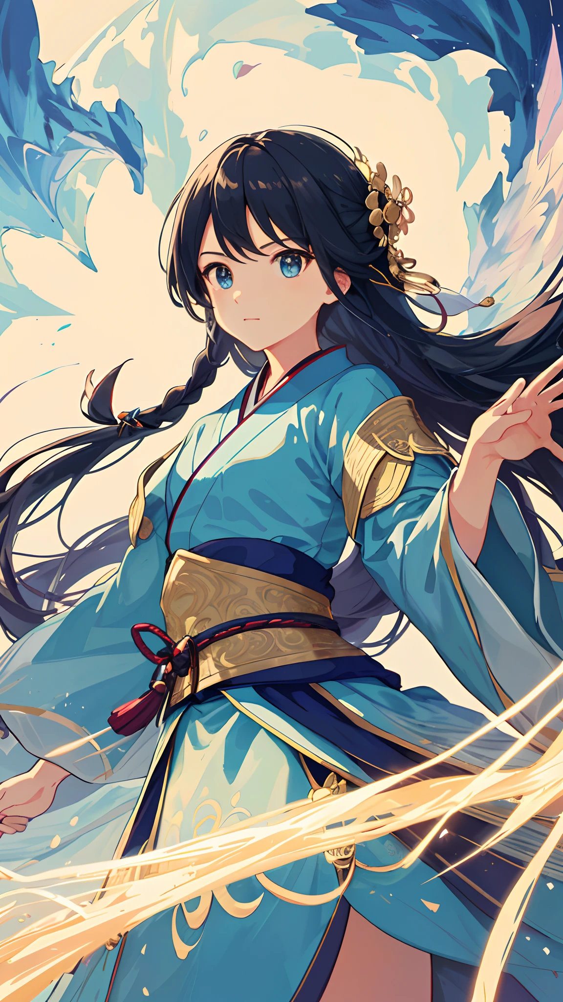 ((tmasterpiece))), Best Picture Quality, high definition detail, Dream illustration, Soft and beautiful, Dynamic angle, Look up at a beautiful young girl，Float in the deep blue fantasy air, A pair of beautiful and delicate eyes,, black color hair, Double tail braid, Combat Hanfu, Cast magic with a golden glow，The expression is firm，The facial expression is detailed，Fighting posture， Magic Circles， electrified，  Ray traching， Detailed all，