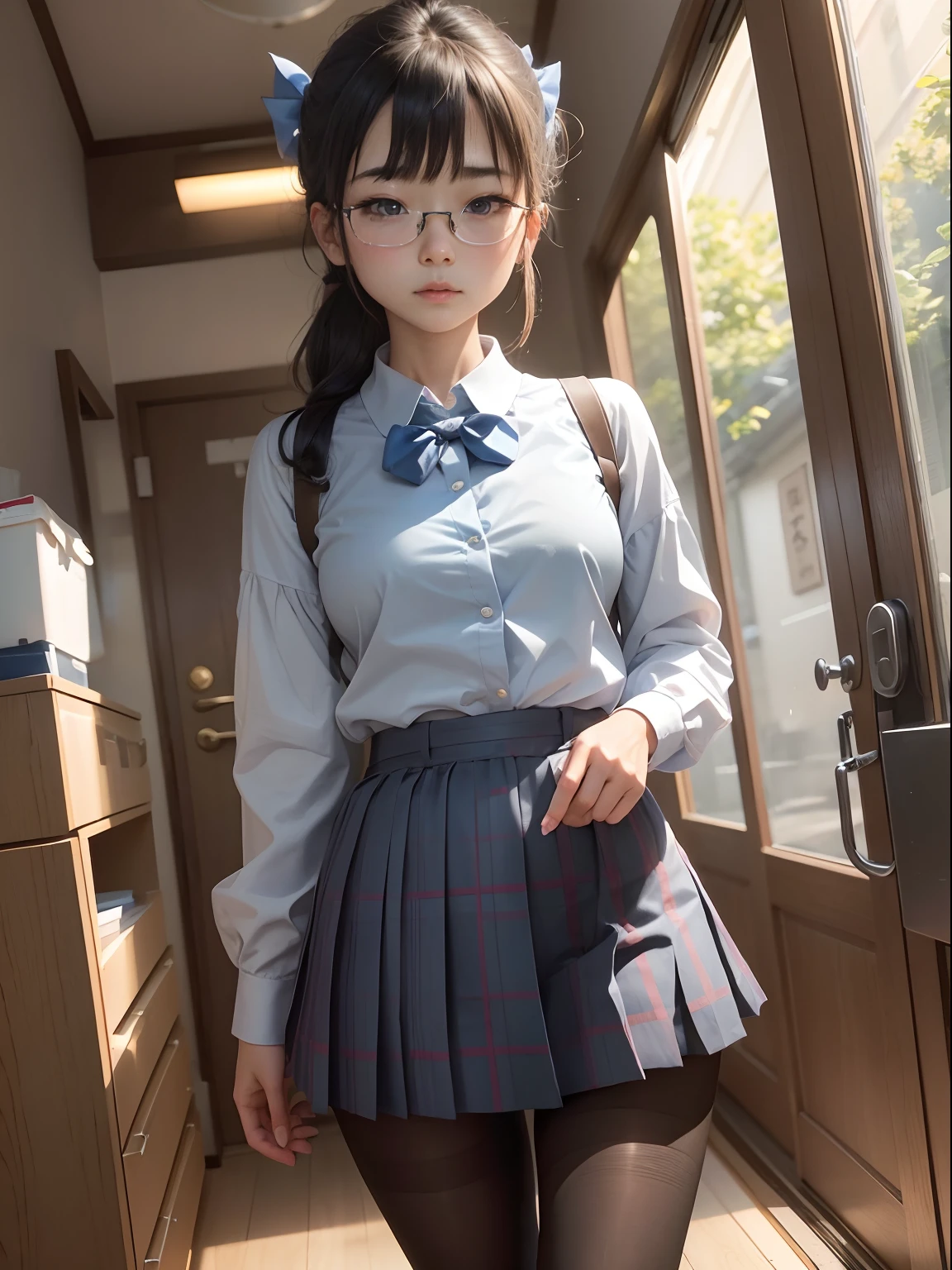 (Long ponytail),（8K、Raw photography、top-quality、​masterpiece：1.2),is standing,pigeon chest,glamor,Chromo-white skin,cocky,School,watching at viewers,Looking at the front,Muchimuchi,High-pitched clothing,Erotic,Pupils,de pele branca,kne,absurderes,a small face,,Forehead visible,Bangs hanging from the left and right sides of the forehead,(a cold expression,Tight eyes,glares,Bullish,irate)、​masterpiece,top-quality、超A high resolution,Raw photo,ren,Beautiful fece,One Person, 独奏,eye glass,,Dark look,Small breasts,fullllbody,Round glasses,JK school uniform,hi-school girl,A Japanese Lady,Open the crotch fully open,Open the legs in an M-shape,（Photorealsitic：1.37）、Photon mapping,Realistic、Beautie,Cute little face,Brown-eyed、Black socks、(Red bow tie)、Radio City、Physically Based Rendering、depth of fields、Blurry background、a picture,Body,beauty legs, Long legs, Thin leg,(Bangs are visible), hair, s lips, Blue_The eye, nosesoft,(Light blue shirt), (Navy and blue and white plaid pleated skirt), Knees are visible,Sheer clothing,, Thigh, Black cotton socks,Nogizaka Idol, 女優, Japanese ido