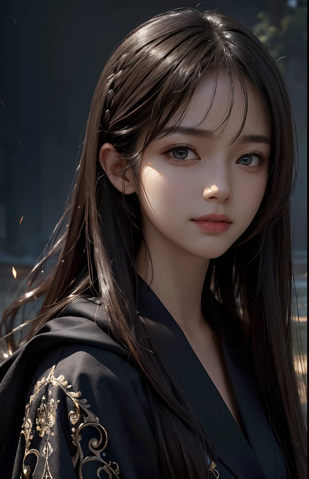 (Ultra Realistic), (Illustration), (Increased Resolution), (8K), (Extremely Detailed), (Best Illustration), (Beautiful and Detailed Eyes), (Best Quality), (Ultra Detailed), (Masterpiece ), ( wallpaper), (detailed face), solo, 1 girl, looking at viewer, fine details, detailed face, in the dark, deep shadows, low key, pureerosfaceace_v1, smiling, long hair, black shawl straight hair , 46 points oblique bangs