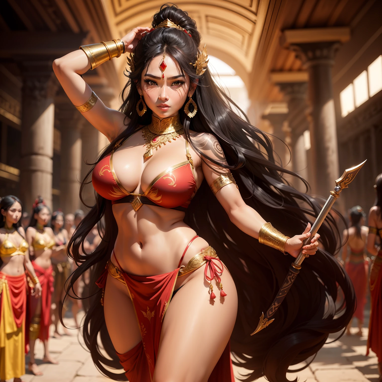 Female Khmer warrior, long black hair, dark brown tanned, Armour on, bangles, Angkor temple, full body, holding weapon, sexy tied hair up, crowd on the head, wearing jewelry, Sak yant tattoos on the arm, curvy body, wear red wrap sarong outfits, dark skinned, cute face, big lips, Diamond shape faces, wide nice nose, defined features on the face, apsara jewelry on, gold leaves jewelry, fighting at war, Armour bra tube top