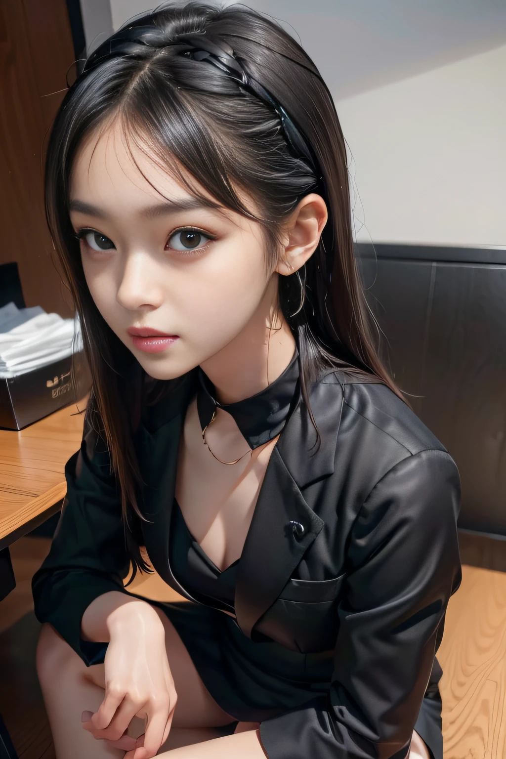 1 Girl, (Watch Viewer), (Bokeh: 1.1), Parted Lips, Expressionless, Realistic, Black Tight Mini Skirt,
business suit, OL, thin thighs, small buttocks, beautiful legs, delicate, Japan fashion model, thin face,
Best quality, (photorealistic: 1.4), ultra high resolution, big mini skirt, black suit and tie woman, suit girl, suit girl, strict business suit wearing, business suit wearing, business suit wearing, black business suit wearing, Japan woman fashion model, black business suit wearing, fashion suit wearing black suit wearing black noble suit, Business suit wearing, black slim clothes, woman posing for photo, beautiful Japan girl face, asian beautiful face, young cute one asian face, beautiful asian girl, girl cute little face, beautiful young korean woman, Japan facial features, young adorable korean face, gorgeous young korean woman, young asian girl, beautiful korean woman, Beautiful asian young woman, standing facing forward, composition visible from above knees to head, knees visible, camera gaze, standing, full body shot, hyperrealistic, front shot full body, bare feet, (face only LoRA applied, bare feet)