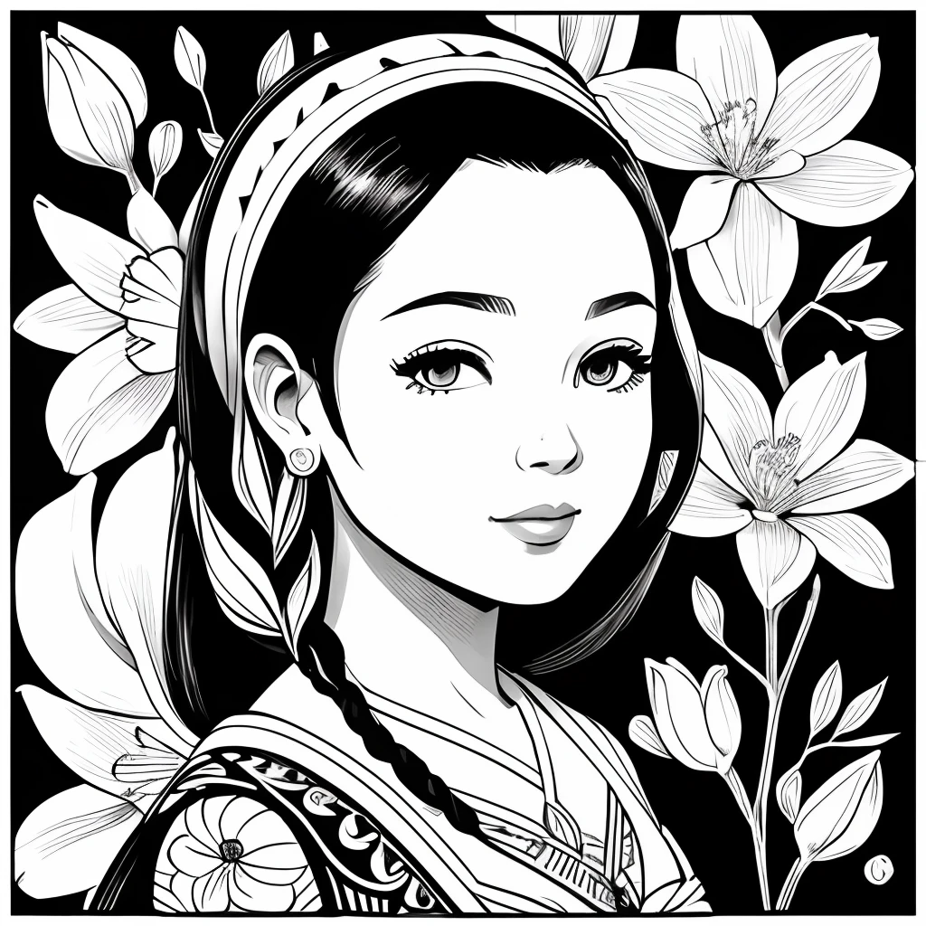 Black and white stick figure 1 girl with magnolia flowers in background, loli in dress with flowers, its fine ink line art, comic style, portrait of polynesian girl, Marilyn Munroe, Hollywood glam, beautiful line art, black and white comic style, manga style, manga art style, pencil and ink caricature drawing, black and white coloring