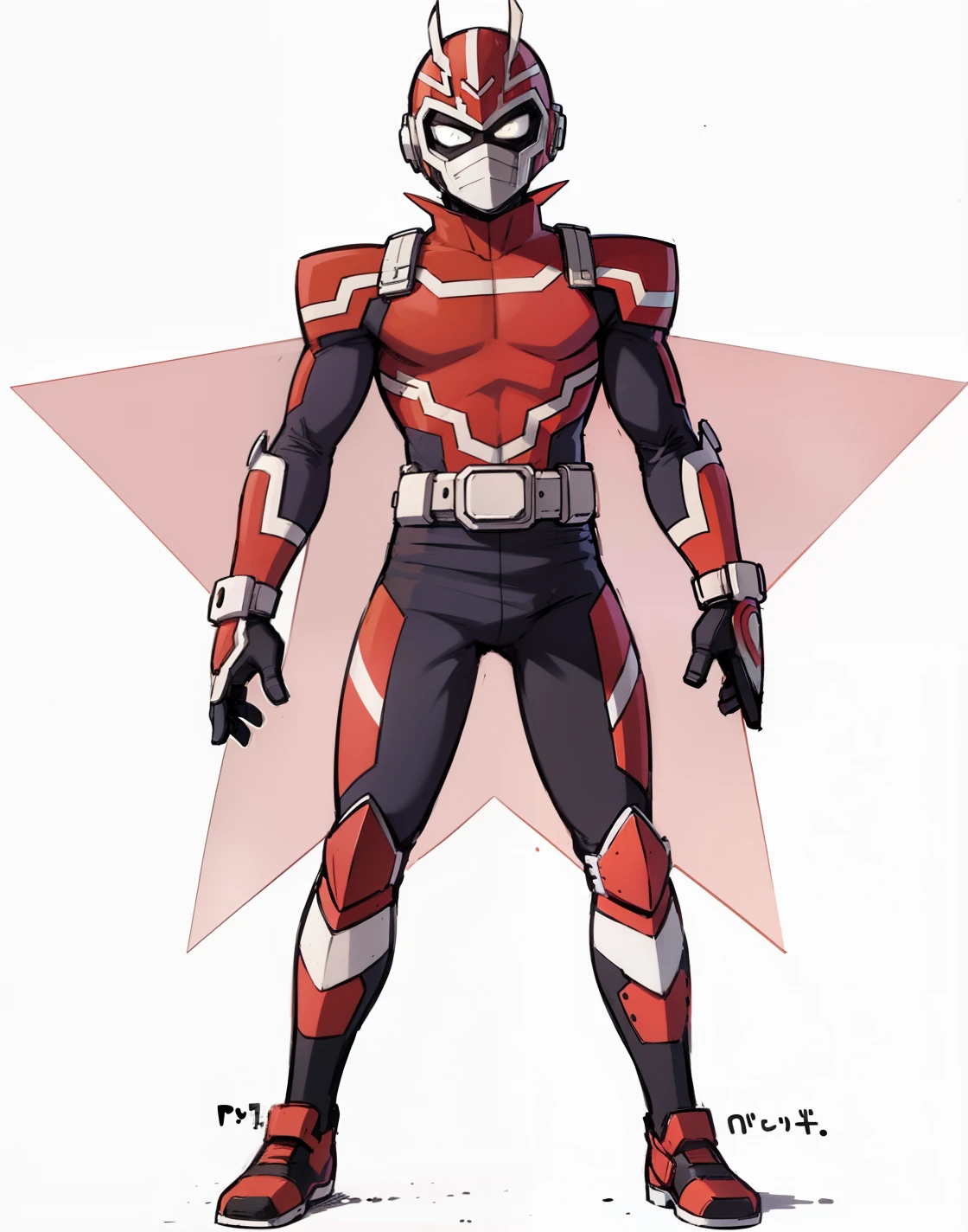 My Hero Academia style, anime boy, male, young male, trending on artstation pixiv, (full body shot:0.5), head covering, helmet, face covering, mask, hero suit, full body suit, red suit, Perfect anatomy, Super Detailed,