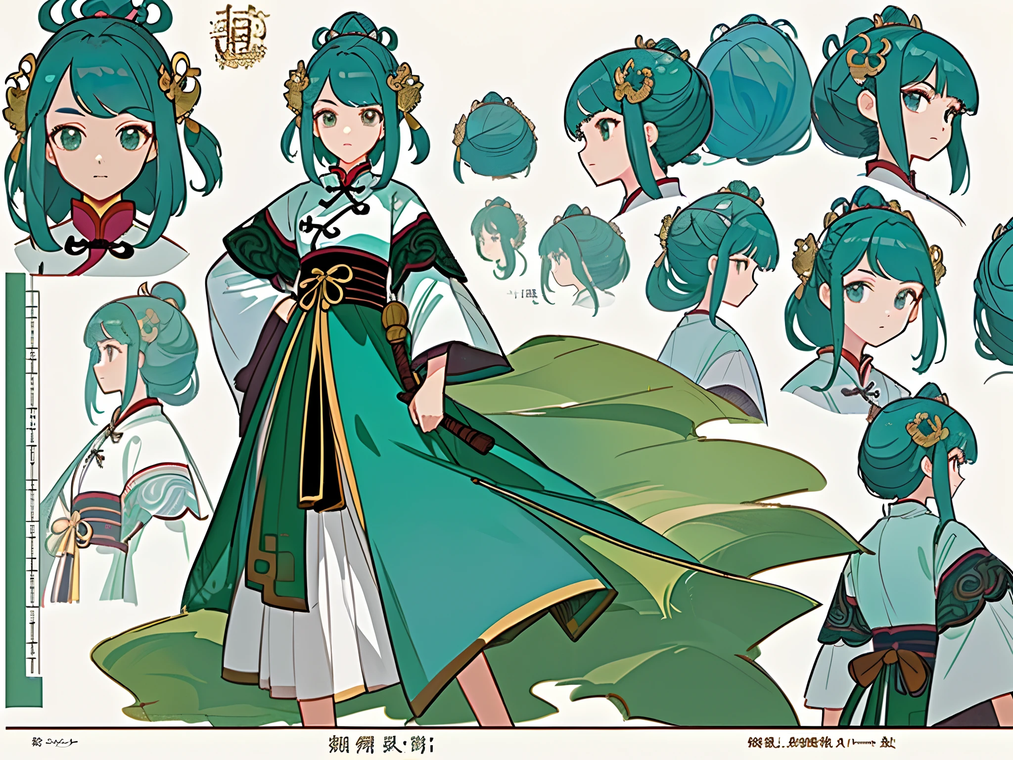 ((masterpiece)),(((best quality))),(character design sheet, same character, front, side, back), illustration, 1 girl, hair color, hairpin, bangs, hairstyle fax, eyes, environment Scene change, hairstyle fax, pose Zitai, female, ancient Chinese princess, charturnbetalora, (simple background, white background: 1.3)