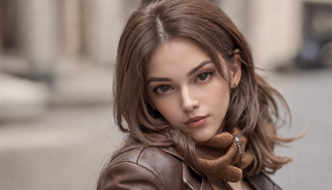 Beautiful sexy gangster girl,, Cute, Slender, Crazy reality, 8K, Character concept art brown leather jacket，Gilet blanc，Slim Jeans