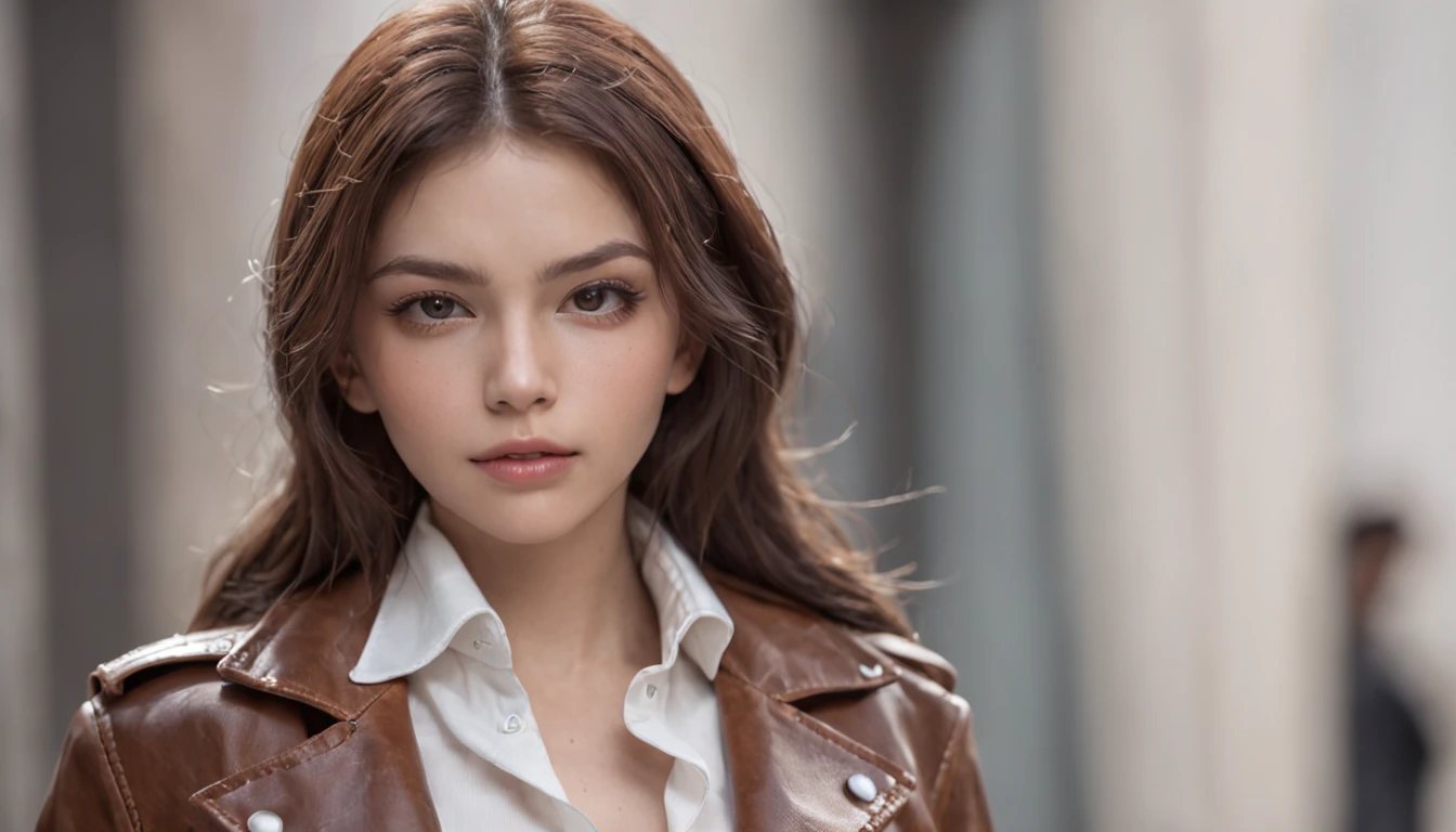 Beautiful sexy gangster girl,, Cute, Slender, Crazy reality, 8K, Character concept art brown leather jacket,Gilet blanc,Slim Jeans