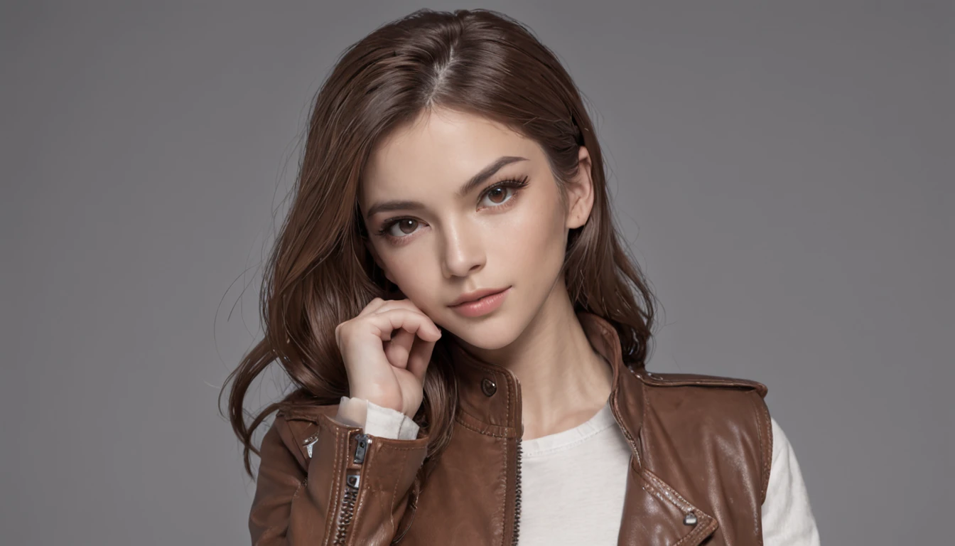 Beautiful sexy gangster girl,, Cute, Slender, Crazy reality, 8K, Character concept art brown leather jacket，Gilet blanc，Slim Jeans