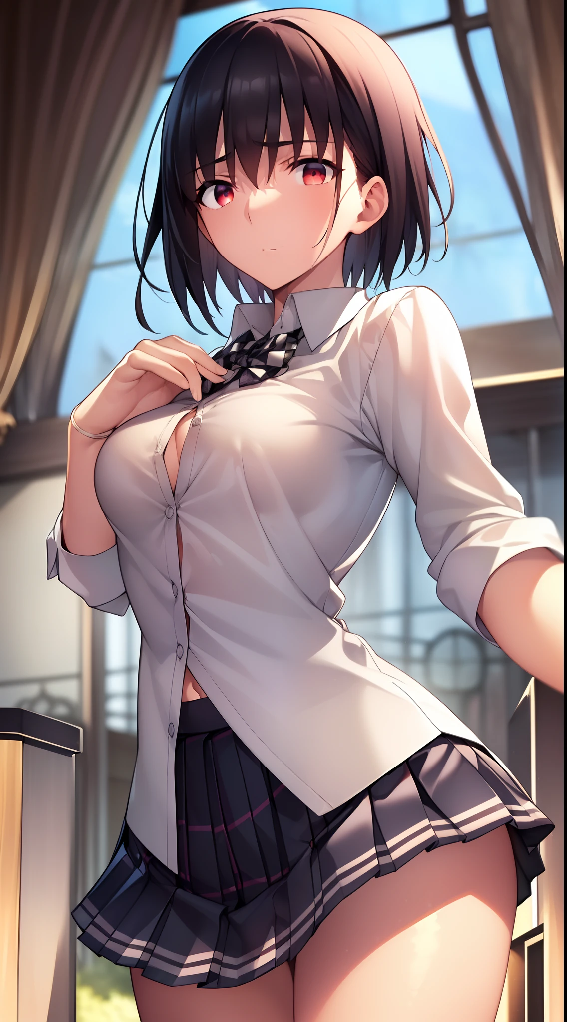 {{beautiful}}, amazing, (best quality:1.5), (masterpiece:1.5), extremely delicate and beautiful, intricate details, finely detailed, extremely detailed, beautifully detailed, ultra-detailed, (hyperdetailed:1.5), high resolution, (illustration), watercolor pencil, Clear line drawing, (ufotable style:1.1), (ufotable screen cap:1.1), anime coloring, anime screencap, (latest picture), backlighting, dynamic angle, glow, depth of field, {{body satisfaction}}, (body with a good balance of style:1.5), (slender figure:1.5), perfect body, perfect hands, perfect feet, (two arms:1.2), (two legs:1.2), (five fingers each:1.2), (perfect joint:1.2), perfect joint movement, beautiful detailed eyes, (detailed eyes:1.5), finely detailed eyes, perfect anatomy, full dissection, perfect composition, correct limbs, balance and coordination in all things, realistic:0.5, precise fingers and hands, (finely drawn hair:1.5), {{shy girl}}, (black hair:1.3), (short hair:1.3), (straight hair:1.3), bangs, (red eyes:1.3), (medium breasts:1.3), (small-sized buttocks:1.3), {{school uniform}}, (white collared shirt:1.5), white shirt, breast tent, (checkered pleated skirt:1.5), checked skirt, pleated skirt, (unbutton one's first button:1.5),