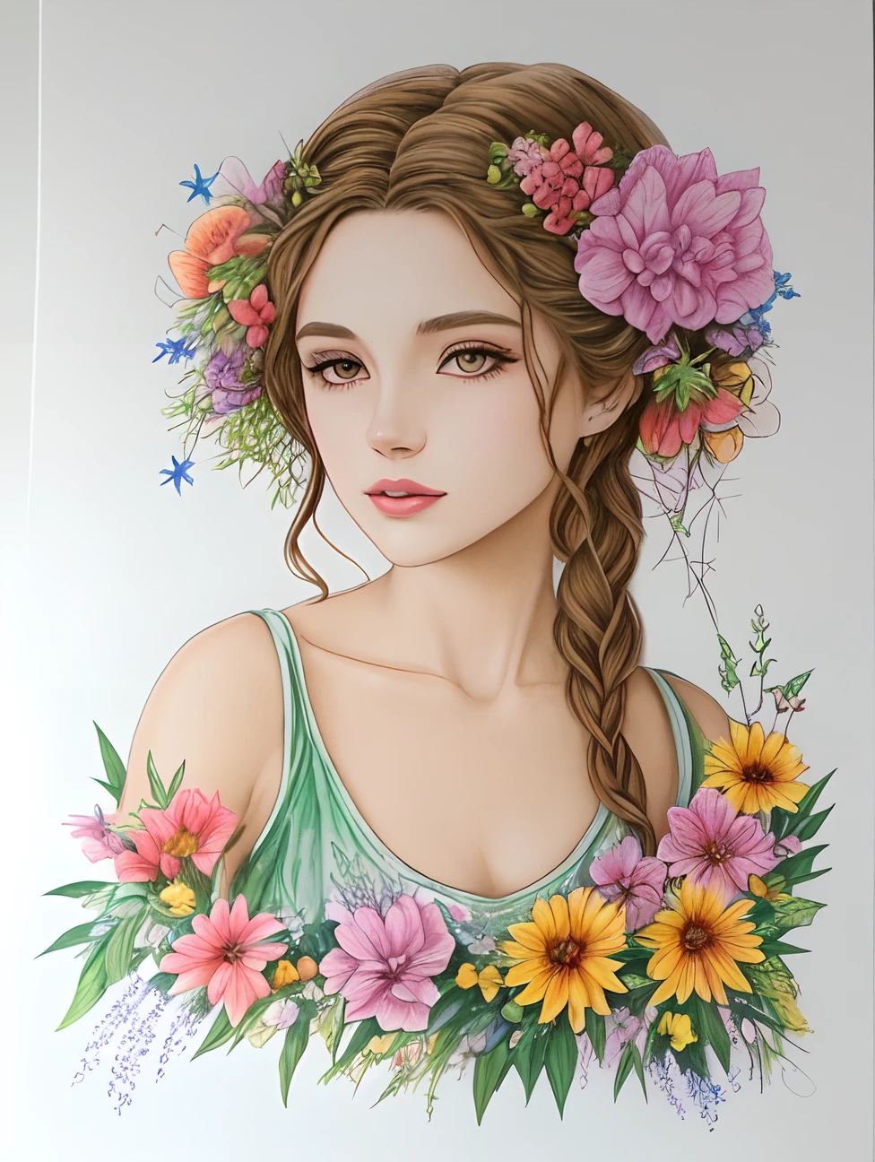 uma pintura de uma mulher com flores no cabelo, desenho colorido, desenho colorido, desenho colorido, color pencil drawing, perfect coloring, colored pencil art, art colouring : Roberto Bernardi placeholder image, deusa flor, colored pencil art, mulher nas flores, color pencil sketch, desenho colorido, persephone in spring, colored pencil art on paper, drawn with colored pencils