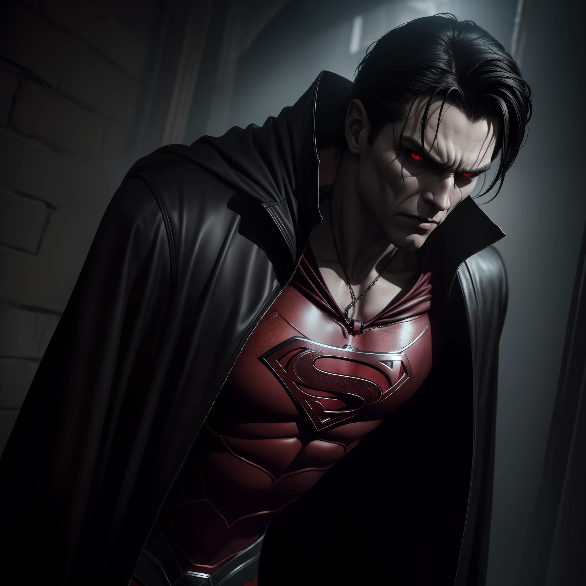{A photorealistic depiction} of a vampire transformed into the likeness of superman. The scene captures the vampire's body in a full Superman suit, complete with the iconic web pattern. However, the vampire's face is twisted into a terrifying and menacing expression, emphasizing its supernatural and frightening nature. The art style should emphasize the realistic rendering of the vampire's transformation, showcasing the details of the Superman costume while creating a horror-inspired portrayal of the vampire's face. The scene is set in a dark and eerie environment, enhancing the unsettling atmosphere. The camera angle captures the vampire in a full-body shot, highlighting both the costume and the horrifying face. The lighting is dim and moody, casting shadows on the vampire's features. The image's resolution should be 4K to showcase the intricate details of the transformation and the unsettling mood.