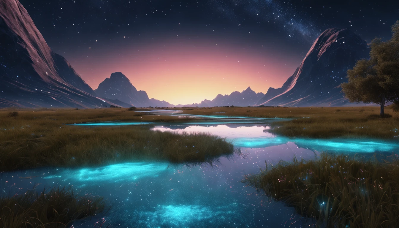 Field of blue bioluminescent grass on a beautiful starry night, and in the middle is a beautiful small river flowing crystal clear water, photo style, magic, fantastic, photorealist, 4k, 8k, highly detailed.