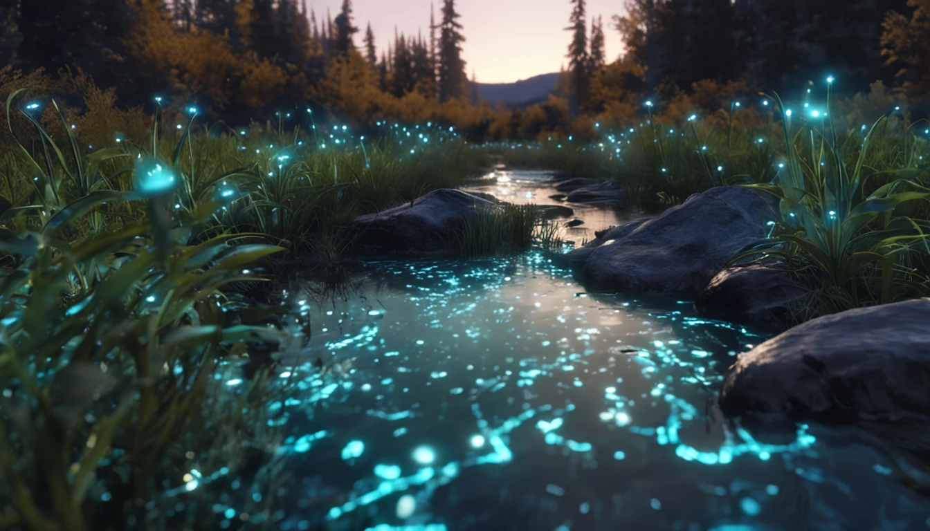 Field of blue bioluminescent grass on a beautiful starry night, and in the middle is a beautiful small river flowing crystal clear water, photo style, magic, fantastic, photorealist, 4k, 8k, highly detailed.