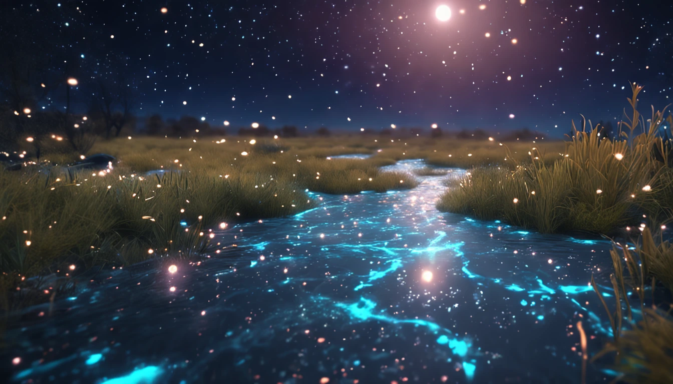 Field of blue bioluminescent grass on a beautiful starry night, and in the middle is a beautiful small river flowing crystal clear water, photo style, magic, fantastic, photorealist, 4k, 8k, highly detailed.