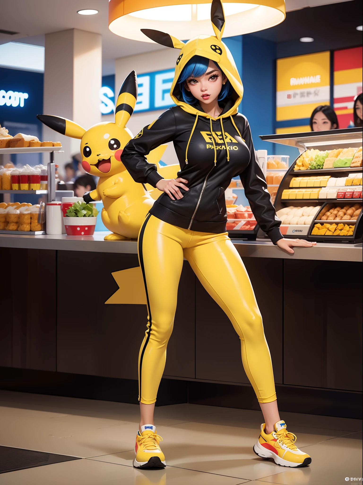 Just one woman, wearing a cute pikachu costume, with yellow sneakers, extremely tight and tight costume, gigantic breasts, blue hair, very short hair, straight hair, hair with bangs in front of her eyes, hood on her head, costume with pikachu tail, staring at the viewer, (((erotic pose, interacting, leaning on something))), in a mall, in the food court,  chairs, machines, toys, lots of people, well-lit place, ((full body):1.5), 16k, UHD, best possible quality, ((ultra detailed):1.2), best possible resolution, Unreal Engine 5, professional photography, (((perfect_hands)))