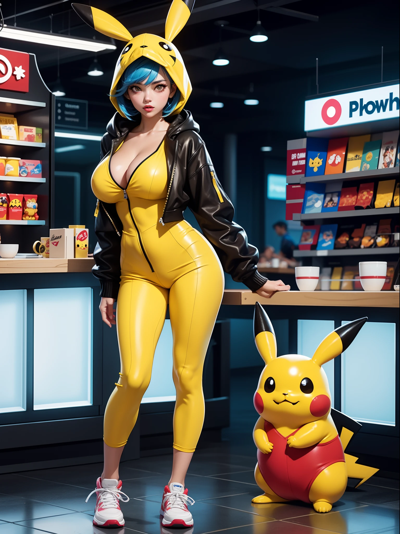 Just one woman, wearing a cute pikachu costume, with yellow sneakers, extremely tight and tight costume, gigantic breasts, blue hair, very short hair, straight hair, hair with bangs in front of her eyes, hood on her head, costume with pikachu tail, staring at the viewer, (((erotic pose, interacting, leaning on something))), in a mall, in the food court, chairs, machines, toys, lots of people, well-lit place, ((full body):1.5), 16k, UHD, best possible quality, ((ultra detailed):1.2), best possible resolution, Unreal Engine 5, professional photography, (((perfect_hands)))