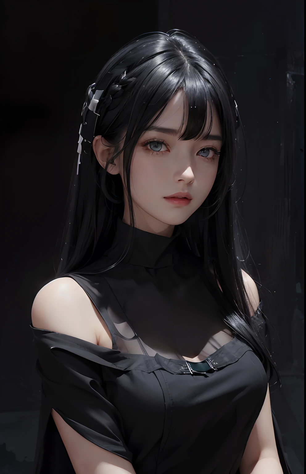 (A hyper-realistic), (Illustration), (Increased resolution), (8K), (Extremely detailed), (Best Illustration), (Beautiful and detailed eyes), (Best Quality), (ultra-detailliert), (masutepiece ), ( Wallpaper), (Detailed face), Solo, 1 girl, Age 25, Looking at Viewer, Fine details, Detailed face, In the Dark, Deep Shadows, lowkey, pureerosfaceace_v1, Smiling, Long hair, Black and white shawl straight hair , 46 point slanted bangs, masutepiece, Best Quality, 35 mm, 8K, absurderes, Beautiful Girl, (Upper body, dark grey background:1.4), (black classical dress, Black hair:1.6), slender, Dark Studio, Rim lighting, A hyper-realistic, hight resolution, Photography, Film grain, chromatic abberation, depth of fields, Sharp Focus, nffsw, face lights, Dynamic lighting, Cinematic lighting, Professional Shadow, dark shadow, highest details, ighly detailed, ultra-detailliert, finely detail, Real Skin, Delicate facial features, Detailed face and eyes, Sharp pupils, Realistic pupils, long black hair with bangs, Black hair top, Gray hair undercolor, Split Hair Two Tone , Mixed hair color,Green eyes, Emerald eyes with white hair. White hair, Platinum Hair Color.