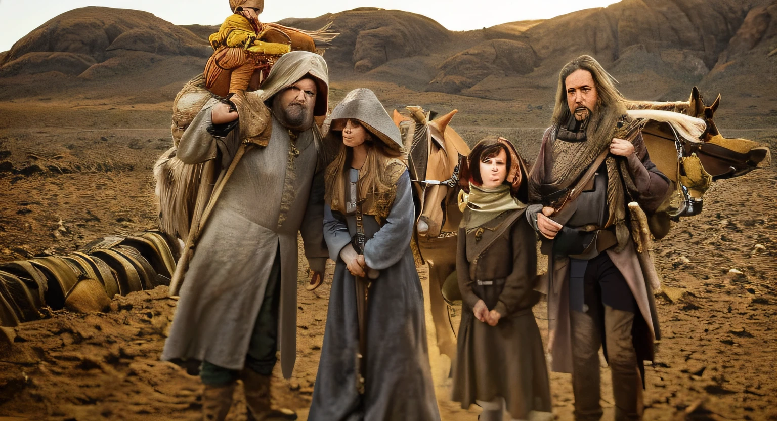 There are three people standing in a desert with a horse, cena de Duna 2 0 2 1 filme, Filme ainda de Duna 2020, Filme ainda do filme Duna-2021, Ainda do filme A Chegada, filme ainda dnd, motores mortais, ainda de um filme live action, filme ainda filme dnd, No filme Duna 2 0 2 1