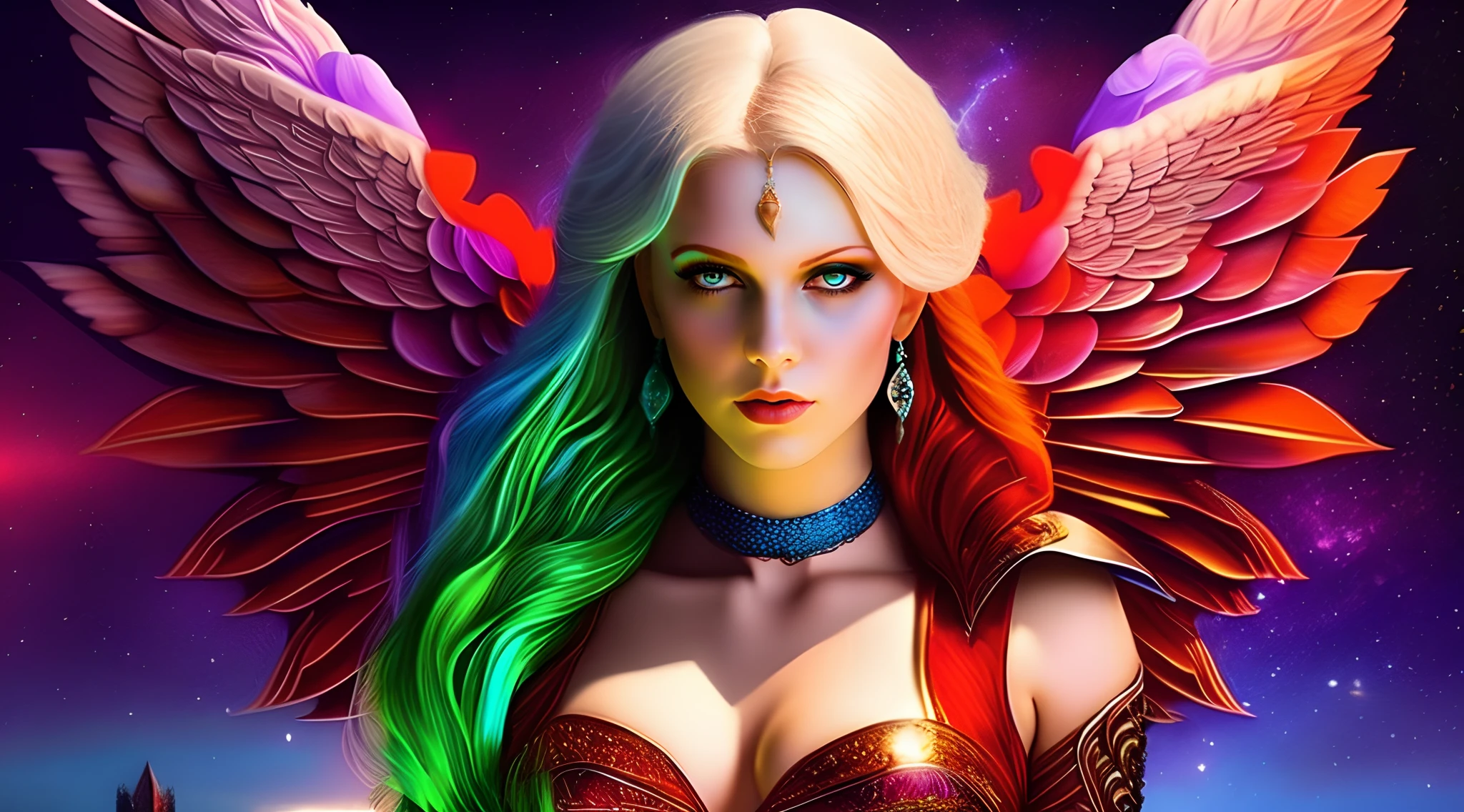 "Behold the crimson-metal red winged woman angel with white hair, piercing crimson eyes, and pale skin standing amidst the twilight. Every detail of this mythical creature has been captured in extreme quality, from the tattooed bodies to the ultra-detailed face, all rendered in ultra HD 8k digital art with unmatched precision and digitality. The dark lightning that surrounds this magnificent being adds to the sense of awe and wonder. This is not just any digital art portrait, but a concept art masterpiece by Greg Rutkowski, also known as artgerm, renowned for his hyperdetailed and intricately detailed gothic art style. The use of triadic colours adds to the fantastical and otherworldly nature of the piece, with intricate details that make it a true splash screen. The complementary colours and intricate details make this fantasy concept art a gothic