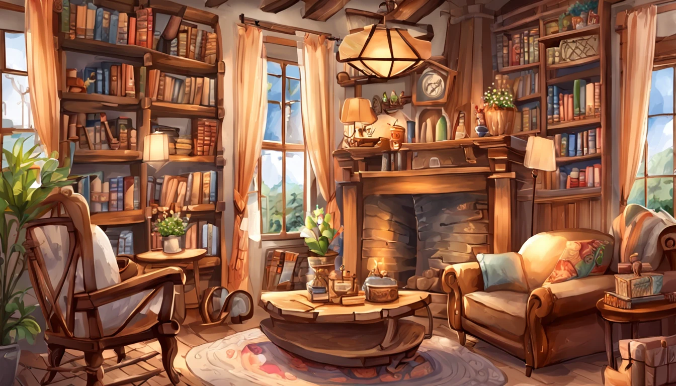 There is a living room,There are a lot of books on the shelves, cozy cafe background, cozy place, cozy environment, designed for cozy aesthetics, Relaxing concept art, cozy home background, Cozy atmosphere, pleasant cozy atmosphere, highly detailed scenario, a multidimensional cozy tavern, cozy and peaceful atmosphere, cozy living room background, cozy environment, cosy atmoshpere, highly detailed environments