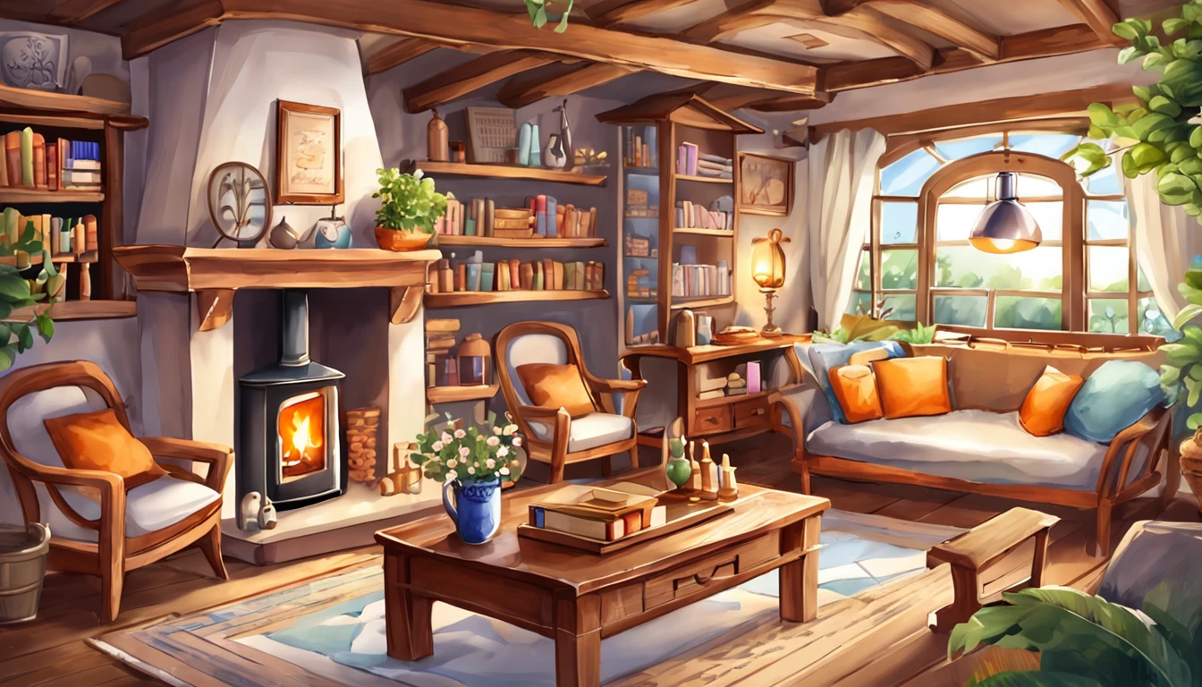 There is a living room，There are a lot of books on the shelves, cozy cafe background, cozy place, cozy environment, designed for cozy aesthetics, Relaxing concept art, cozy home background, Cozy atmosphere, pleasant cozy atmosphere, highly detailed scenario, a multidimensional cozy tavern, cozy and peaceful atmosphere, cozy living room background, cozy environment, cosy atmoshpere, highly detailed environments