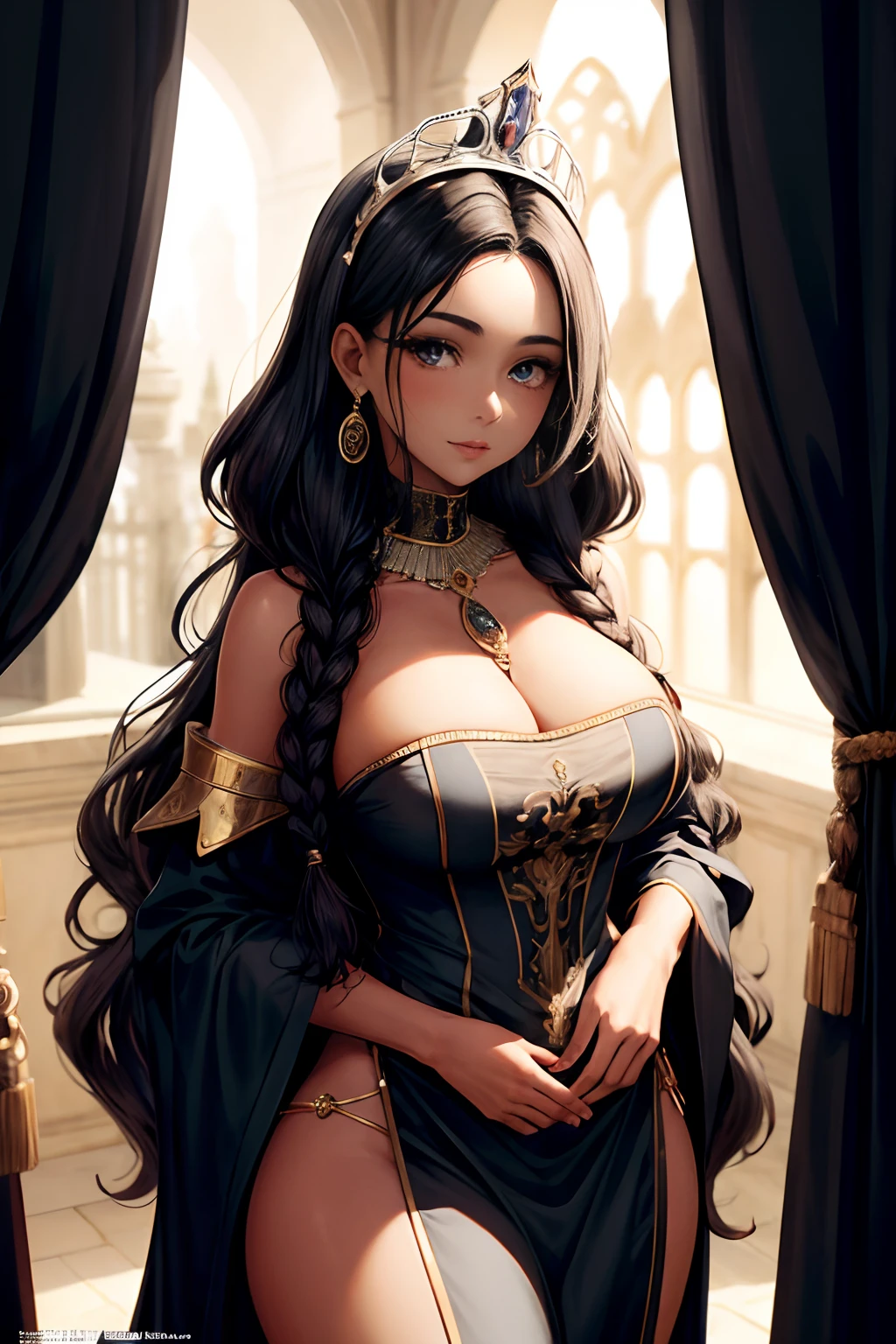Por favor, a medieval scene, (desert sand:1), Create an illustration of a confident young human with rich ebony skin, radiating strength and individuality. Seu tom de pele varia de profundo e aveludado a tons de mogno, transmitindo um sentimento de orgulho e beleza. The character's expression should reflect her unique persona, capturing the essence of her dark-toned complexion and self-assured demeanor,

hair is a crown of voluminous, Curly locks that frame her face with grace, Celebrando a beleza dos cabelos naturais. Curls form intricate patterns that add to their charm. The costume of the character consists of a tasteful and elegant medieval-inspired set. O vestido, feito de materiais de qualidade, flows gracefully without excessive extravagance. The design shows her real presence, maintaining a dignified appearance.

Com um slim, Young physicist reminiscent of an 25-year-old, her proportions are athletic and thick, enhancing her beauty realistically.

Artwork should be detailed, capturing the interaction of light and shadow on the skin, Hair, e traje para transmitir profundidade e personalidade. This portrait will emphasize her individuality and confident presence in a way that is respectful and true to her character, All set in a medieval setting.