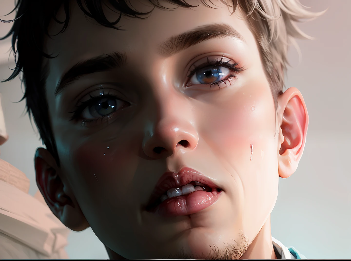 Silver-haired boy grey eyes sad and crying in the countryside green mountains