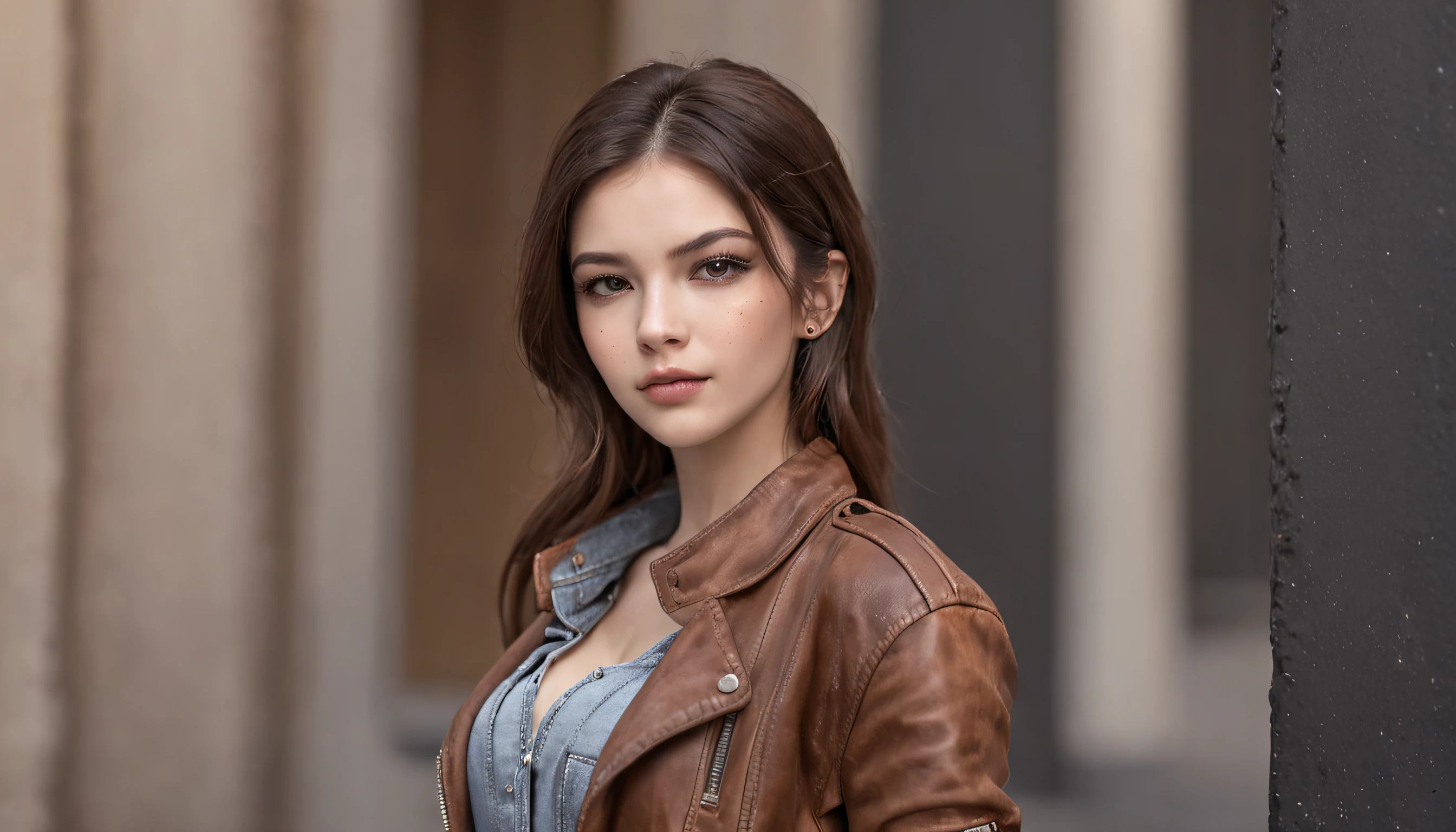Beautiful sexy gangster girl,, Cute, Slender, Crazy reality, 8K, Character concept art brown leather jacket，Gilet blanc，Slim Jeans