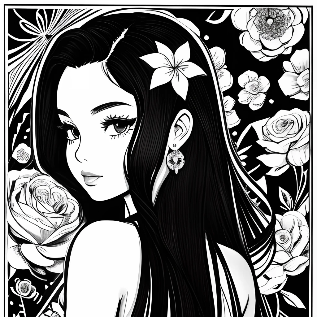 Black and white stick figure 1 girl with roses flowers in background, in dress with flowers, its fine ink line art, comic style, portrait of polynesian girl, Marilyn Munroe, Hollywood glam, beautiful line art, black and white comic style, manga style, manga art style, pencil and ink caricature drawing, black and white coloring