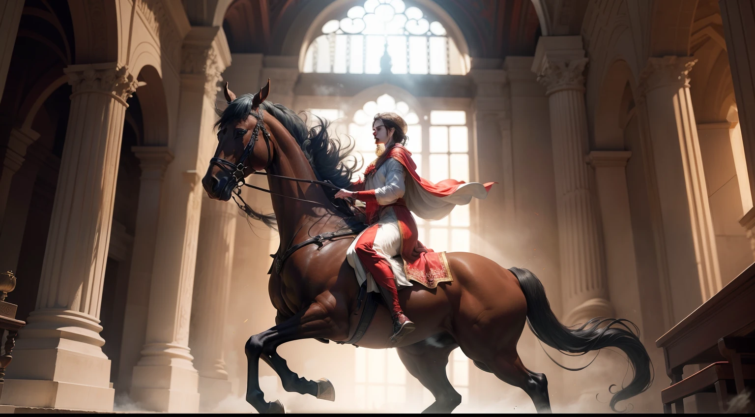 /imagine prompt: Scarlet Elegance, A painting emerges—a man in a crimson robe astride a horse. Guided by Heinrich Bichler's artistry, the scene breathes passion. Friedrich Gauermann's canvas captures a leap from the Baobab tree, a moment orchestrated by Anton Möller. Directed by Robert Brackman, the spectacle unfurls. An epic biblical portrayal stirs the soul, an homage to tales of yore. Through Greek mythology's lens, a centaur gallops, a creation shaped by Hans von Aachen's skill. Karl Völker's direction weaves threads of wonder. These artworks, chapters in a visual journey, pulse with hues of fascination. --ar 2:3 --c 22 --s 600 --q 2