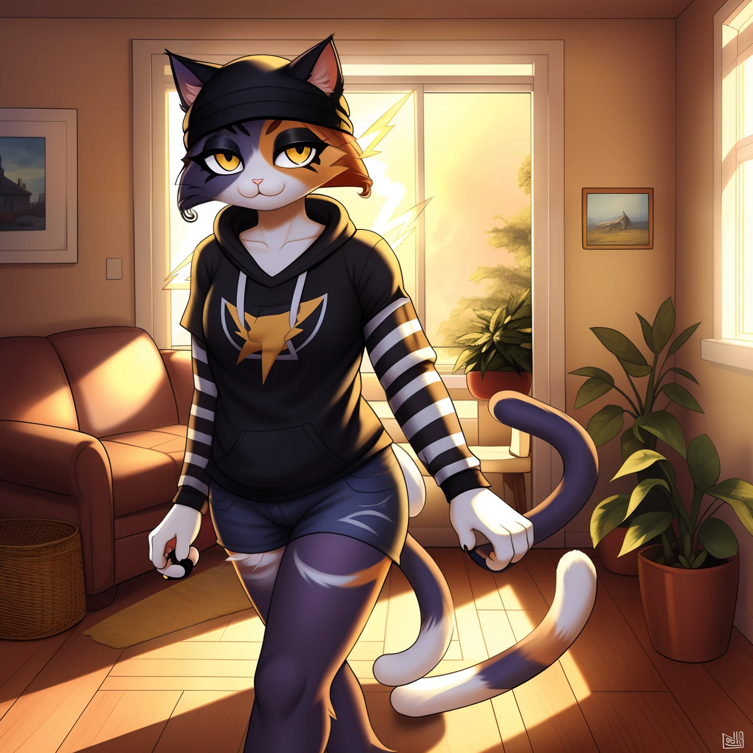 1 girl, anthro cat, catgirl, meowskulls, solo, 3 tone fur, (detailed lightning), (masterpiece), living room background, (detailed background) (detailed fur), sunny day, normal clothes, thicc, sexy