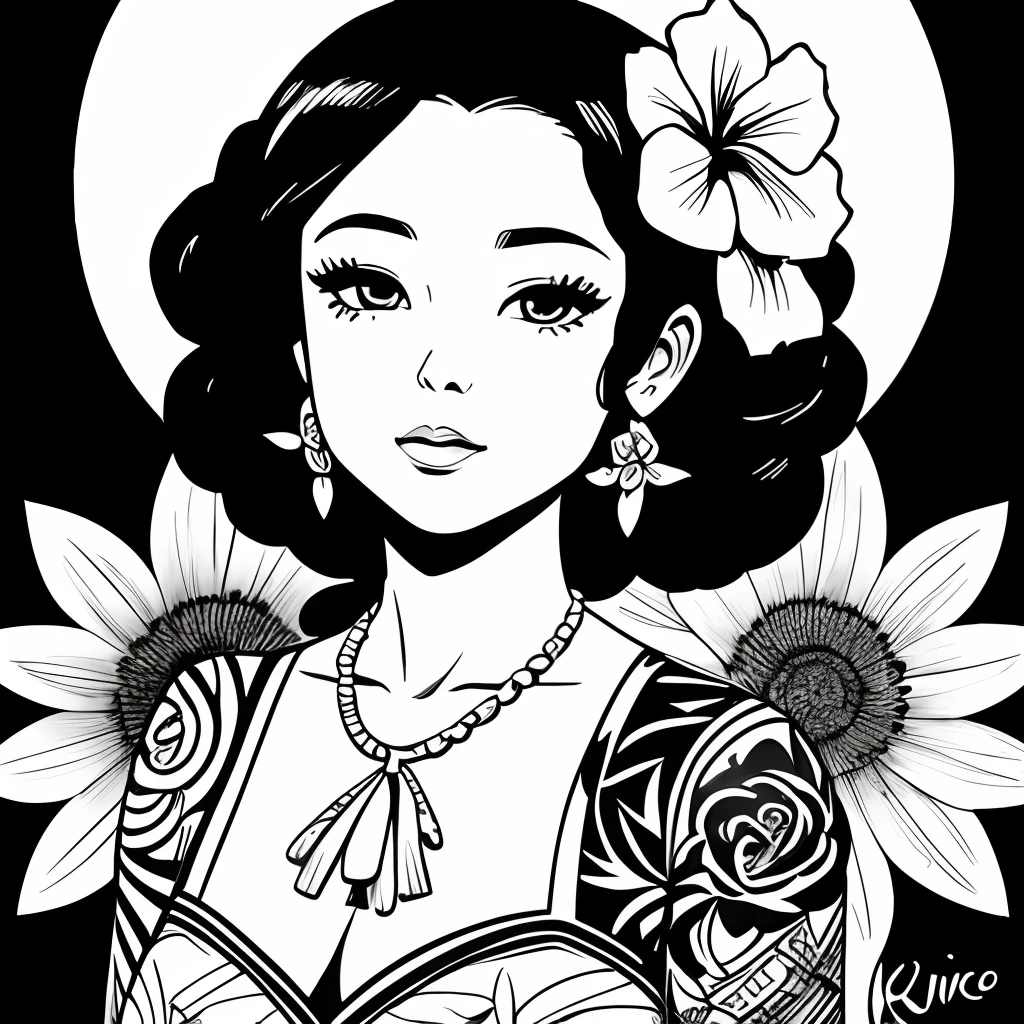 Black and white stick figure 1 girl with roses flowers in background, loli in dress with flowers, its fine ink line art, comic style, portrait of polynesian girl, Marilyn Munroe, Hollywood glam, beautiful line art, black and white comic style, manga style, manga art style, pencil and ink caricature drawing, black and white coloring