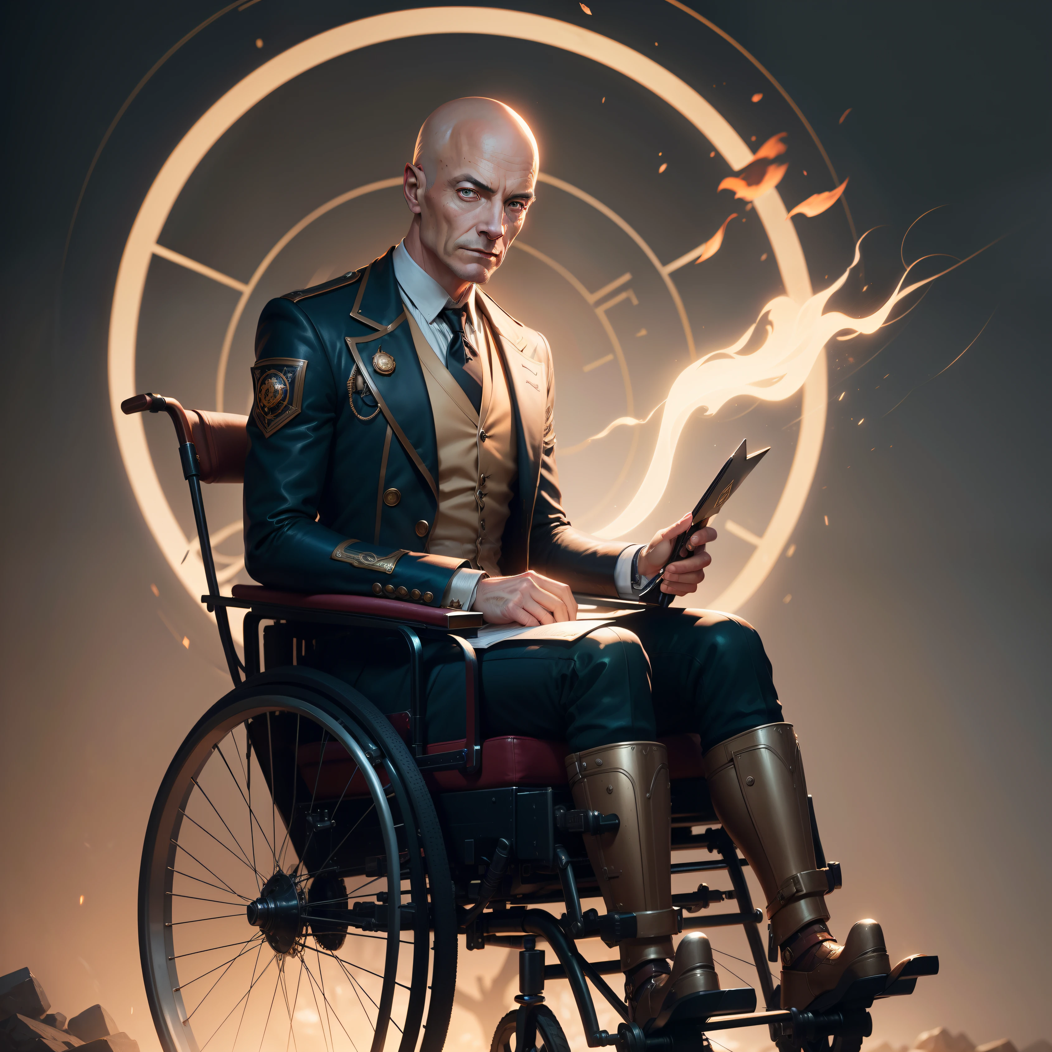 a highly detailed illustration of Professor Xavier wearing doctor coat, cadeira de rodas, electric helmet, poderes dramatic sitting in a steampunk wheelchair, intricate, elegant, highly detailed, centered, digital painting, artstation, concept art, smooth, sharp focus, league of legends concept art, WLOP